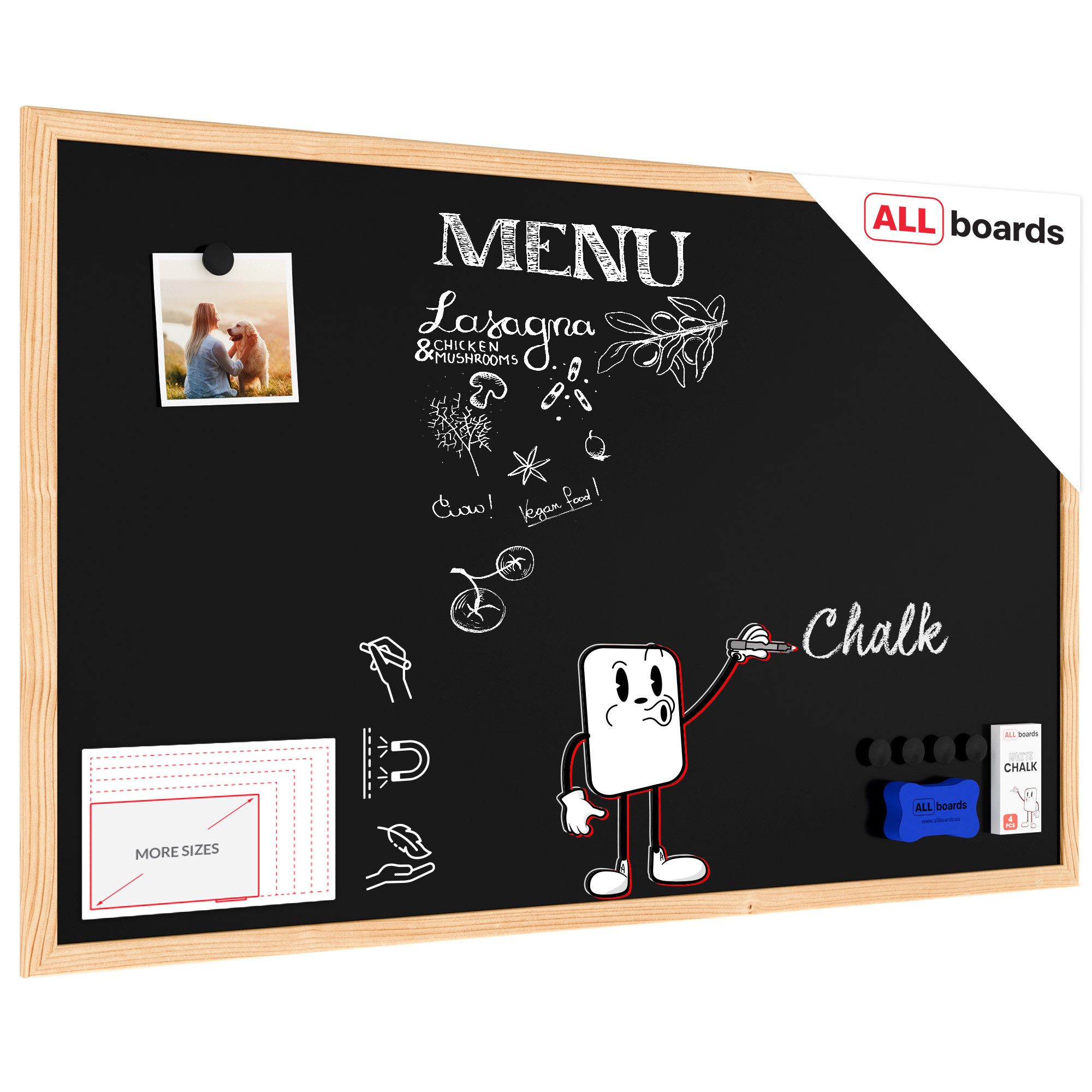 ALLboards Tafel Schwarze Magnetische Kreidetafel Naturholzrahmen Schreibtafel