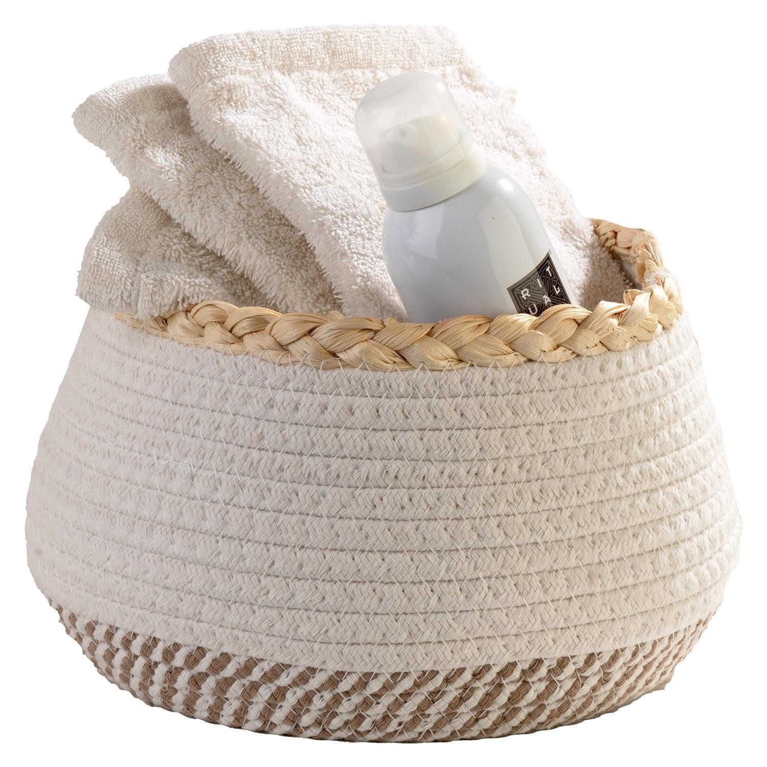 Home4You Aufbewahrungskorb, Ø 25 cm, Beige, Weiß, Baumwolle, ohne Griffe, (1 St)