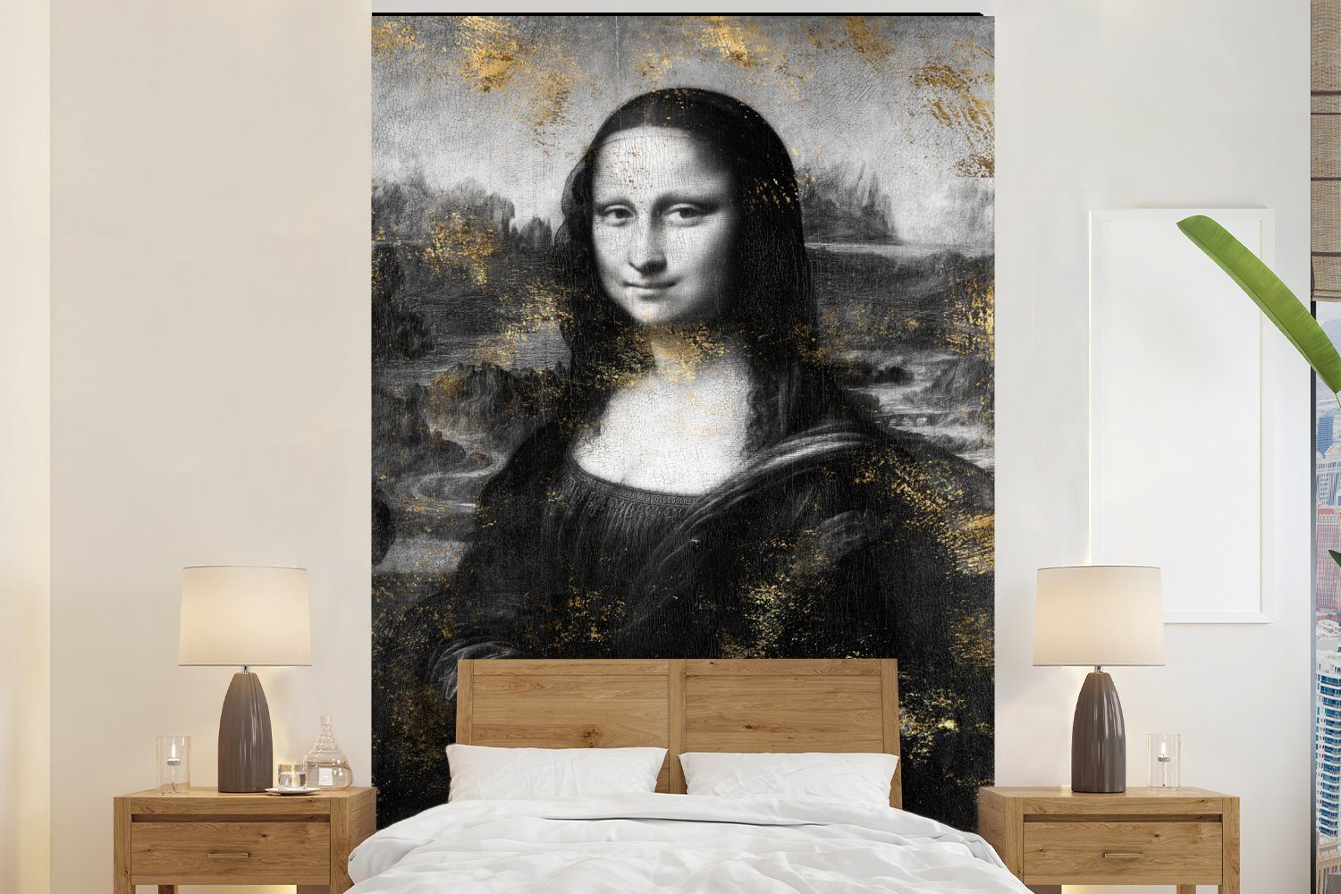 MuchoWow Fototapete Mona Lisa - Leonardo da Vinci - Schwarz - Weiß, Matt, bedruckt, (3 St), Montagefertig Vinyl Tapete für Wohnzimmer, Wandtapete