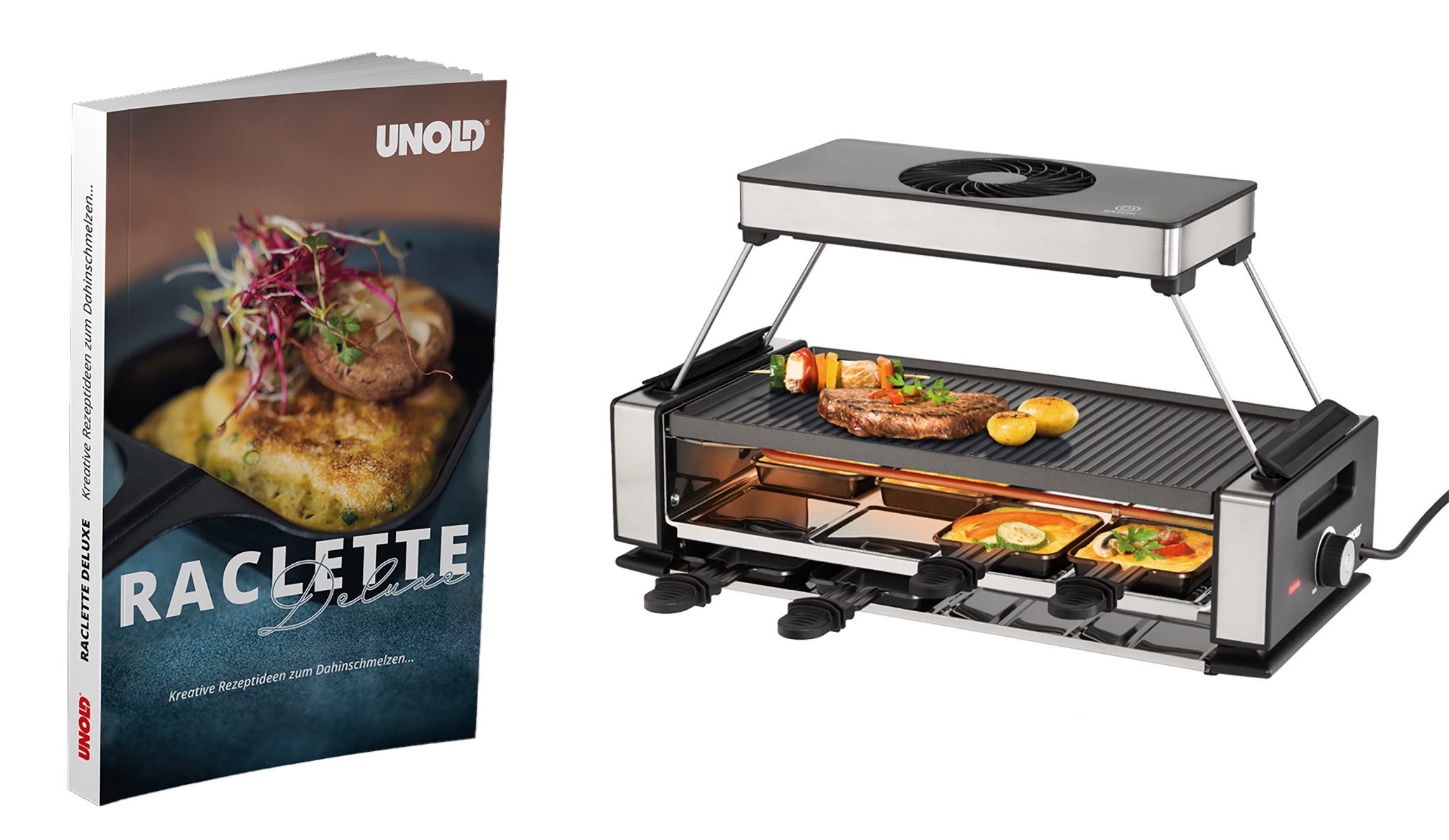Unold Раклетници Unold 48985 Раклетници Smokeless mit Dunstabzug +Raclette Buch, 8 Раклетнициpfännchen, 1200,00 W, mit Dunstabzugshaube Grillplatte wendbar