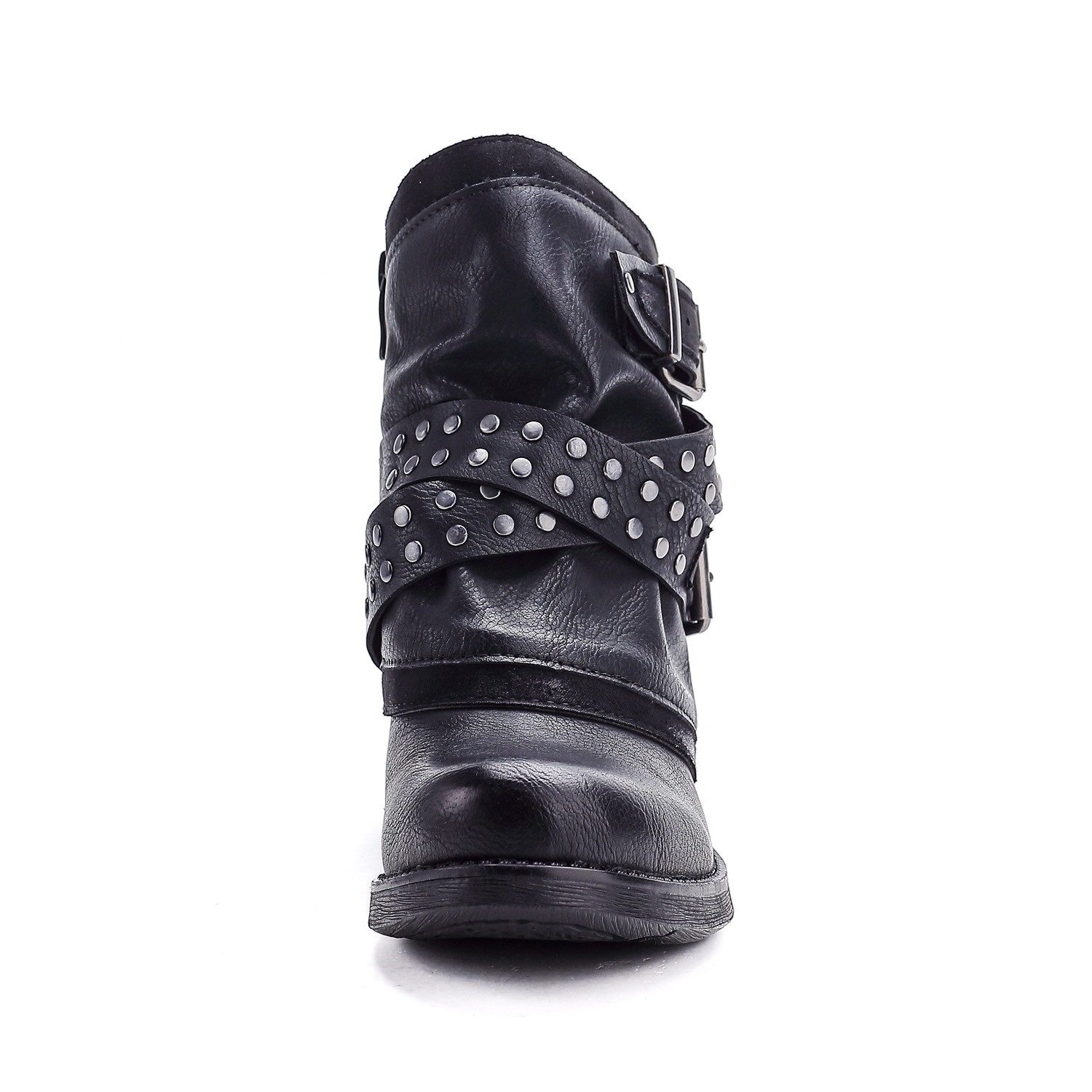 Pogolino ST012 Bikerboots Damen Biker Boots mit Nieten flach leicht gefüttert Stiefeletten