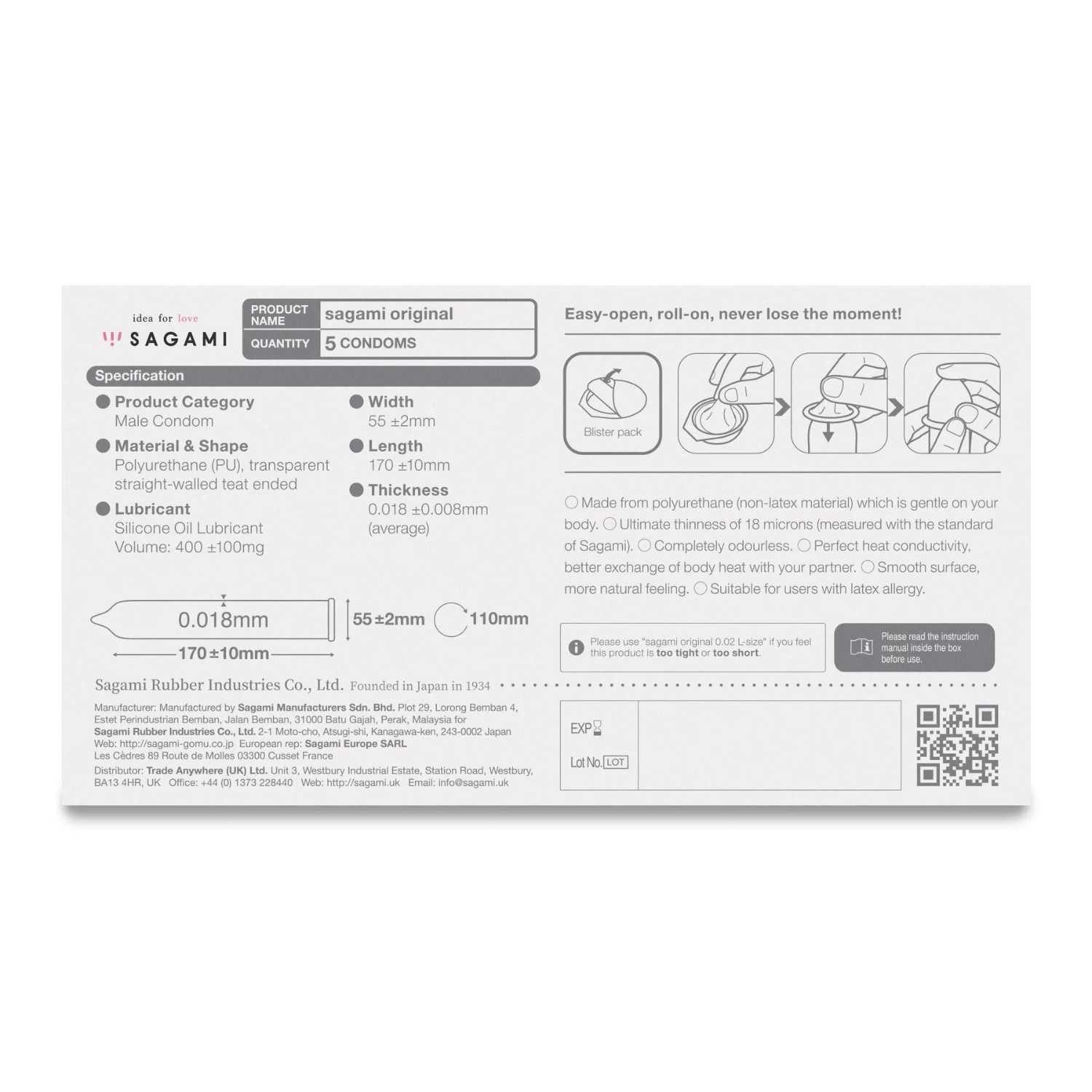 Sagami Einhand-Kondome ultra-ultradünnes Kondom 0,01mm 5 Stück, ultradünn