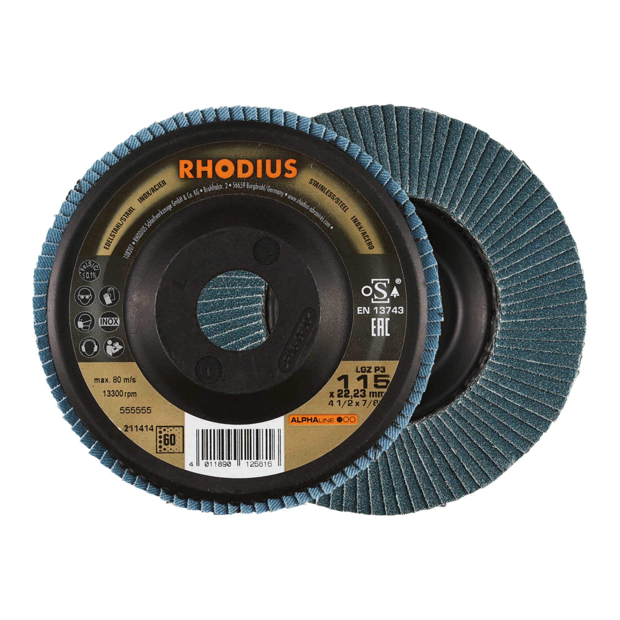 Rhodius Schleifscheibe RHODIUS ALPHAline LSZ P3 Fächerschleifscheibe 115 x 22,23 mm K120 10 S