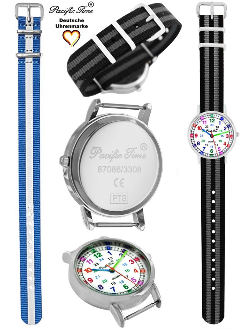 Time und Mix Match Kinder Quarzuhr blau Gratis gestreift schwarz Reflektor und Pacific Design - Versand Armbanduhr Lernuhr grau Wechselarmband, Set