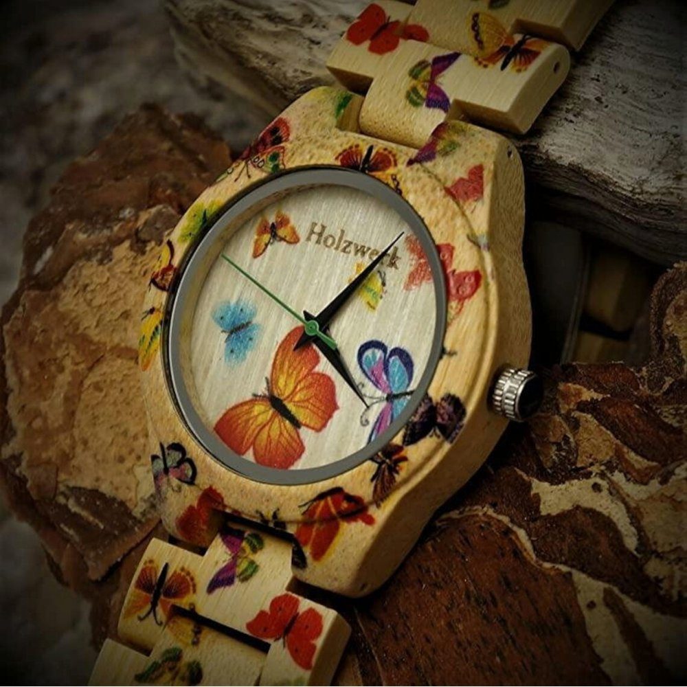 Holzwerk Quarzuhr Damen Holz Armband Uhr Schmetterling & Blumen Muster, (inkl. Armbandkürzer), Holz Unikate, ideal auch als Geschenk, inkl. Uhrenbox