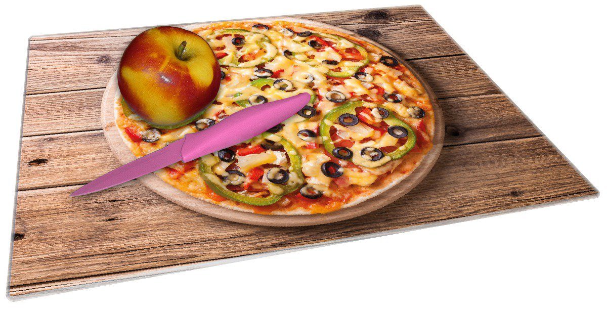 Wallario Schneidebrett Italienische Pizza und (inkl. Paprika Peperoni, 4mm, 1-St), Gummifüße mit ESG-Sicherheitsglas, rutschfester Käse, Oliven. 30x40cm