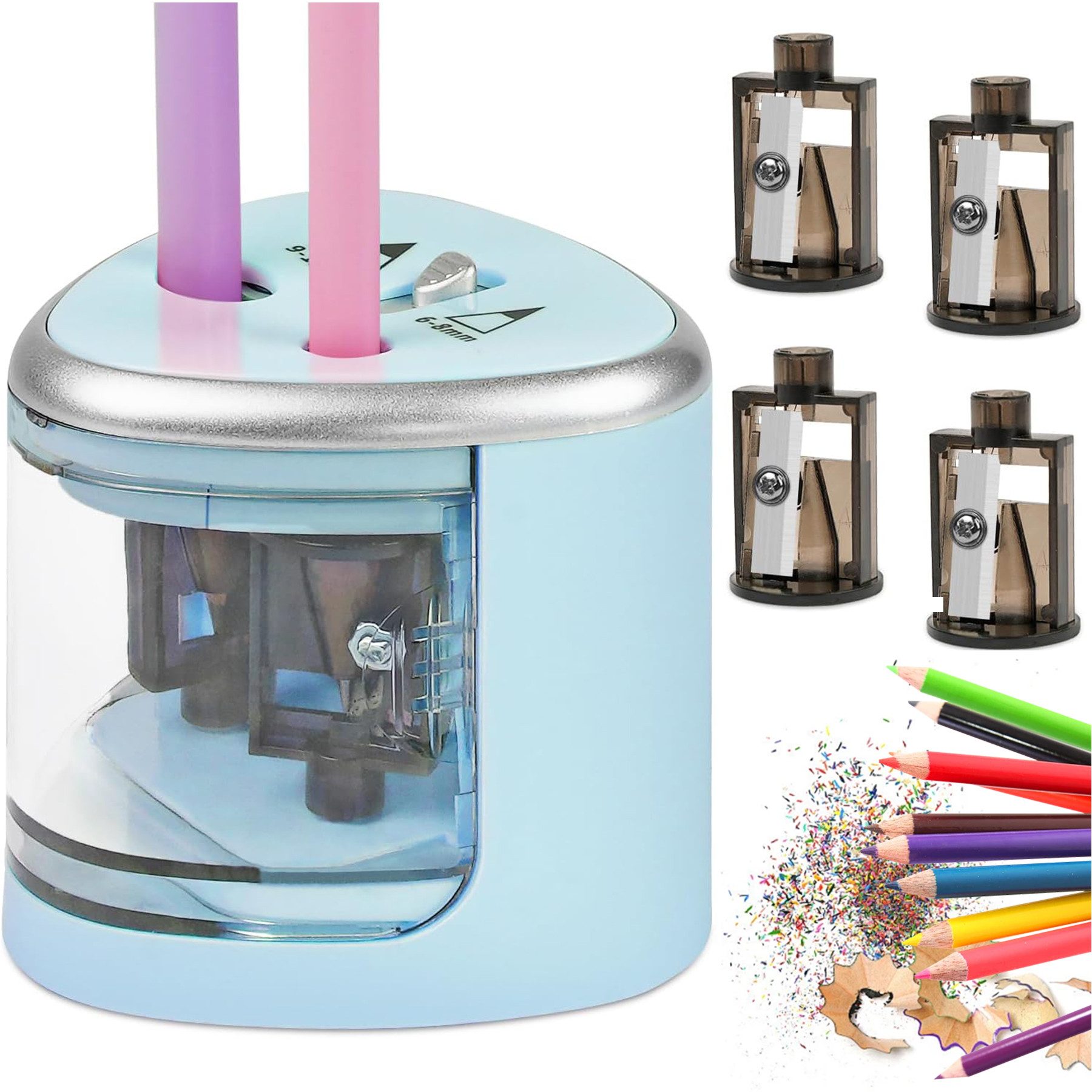 Senmudi Anspitzer Anspitzer Doppelspitzer, Doppelloch-Batteriespitzer für 6-12mm, No.2/Buntstifte,schnellen Anspitzen,geeignet für Schule Klassenzimmer