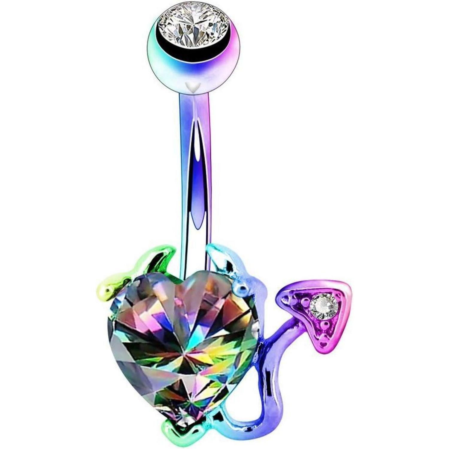 OUFER Bauchnabelpiercing 14G Edelstahl Navel Rings Devil Heart Belly Button Iridescent CZ