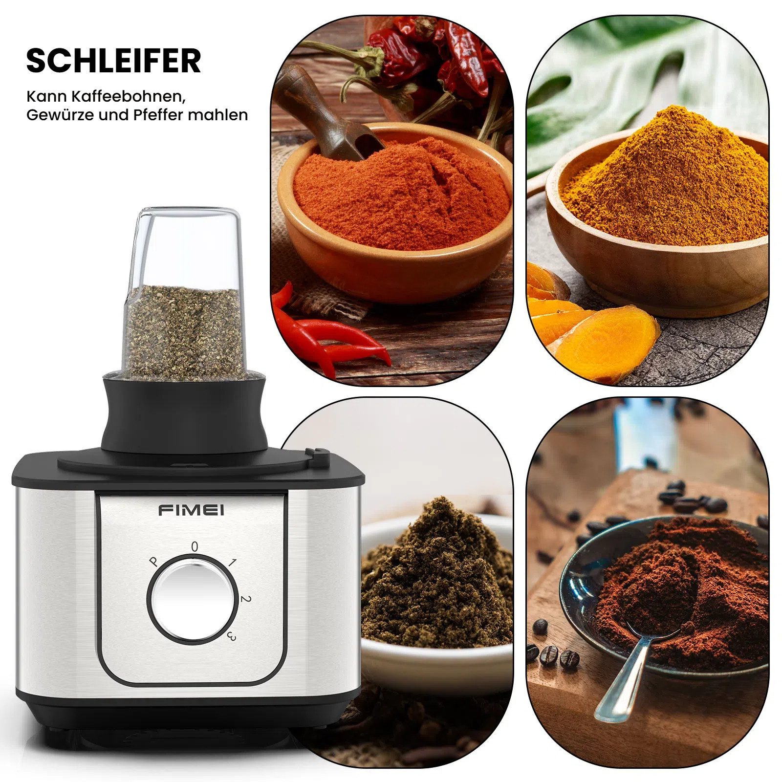 FIMEI Küchenmaschine HGM406, 1100 W, 3,2 l Schüssel, 3,2L Zerkleinerer, 1,5L Mixer, Mühle, Zitruspresse & Zubehör