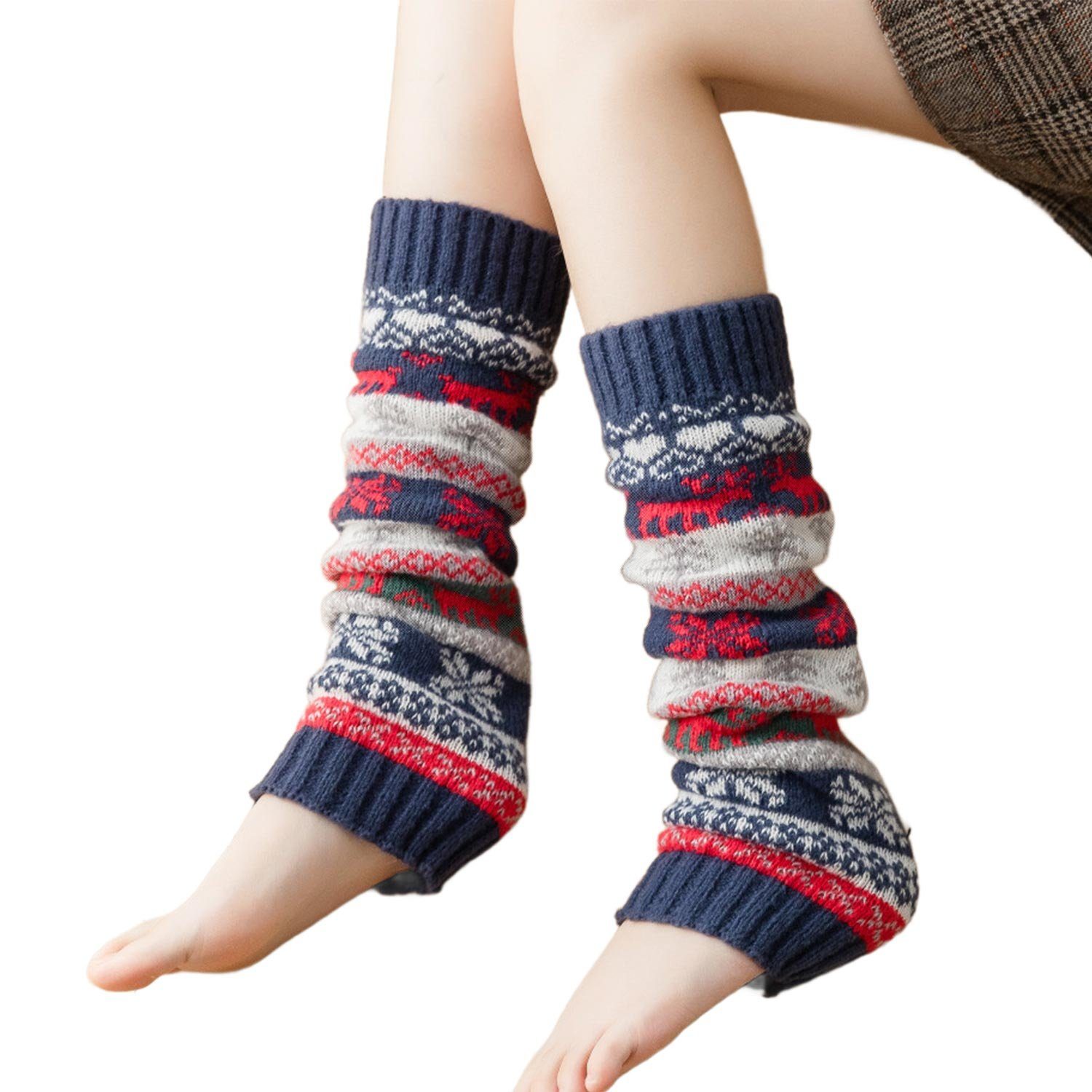 Daisred Beinstulpen Stulpen Damen Weihnachts Beinwärmer Stulpensocken 2 Paare Blau