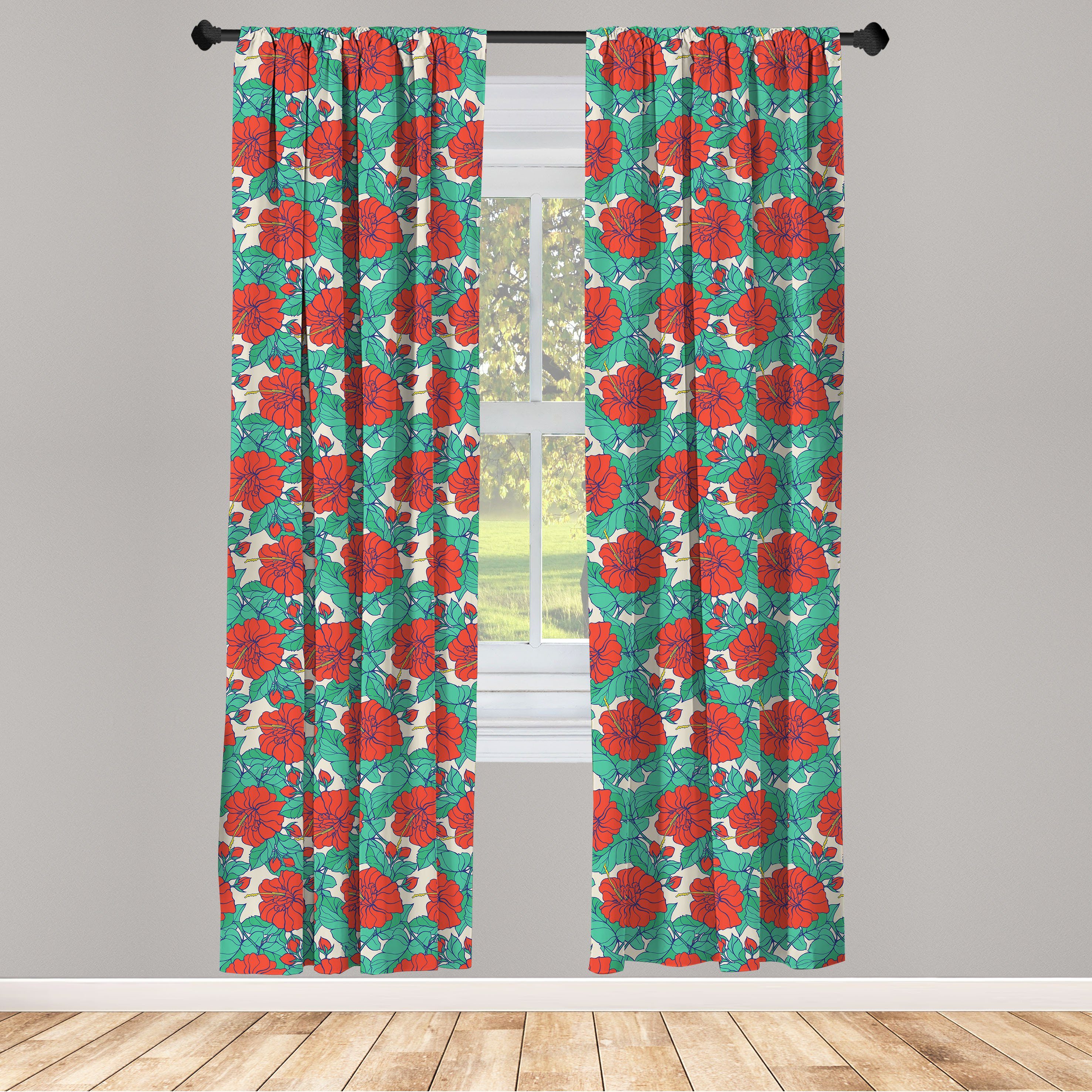 Gardine Vorhang für Tropic Art Wohnzimmer Abakuhaus, Schlafzimmer Blumen Hibiscus Dekor, Microfaser, Blossom