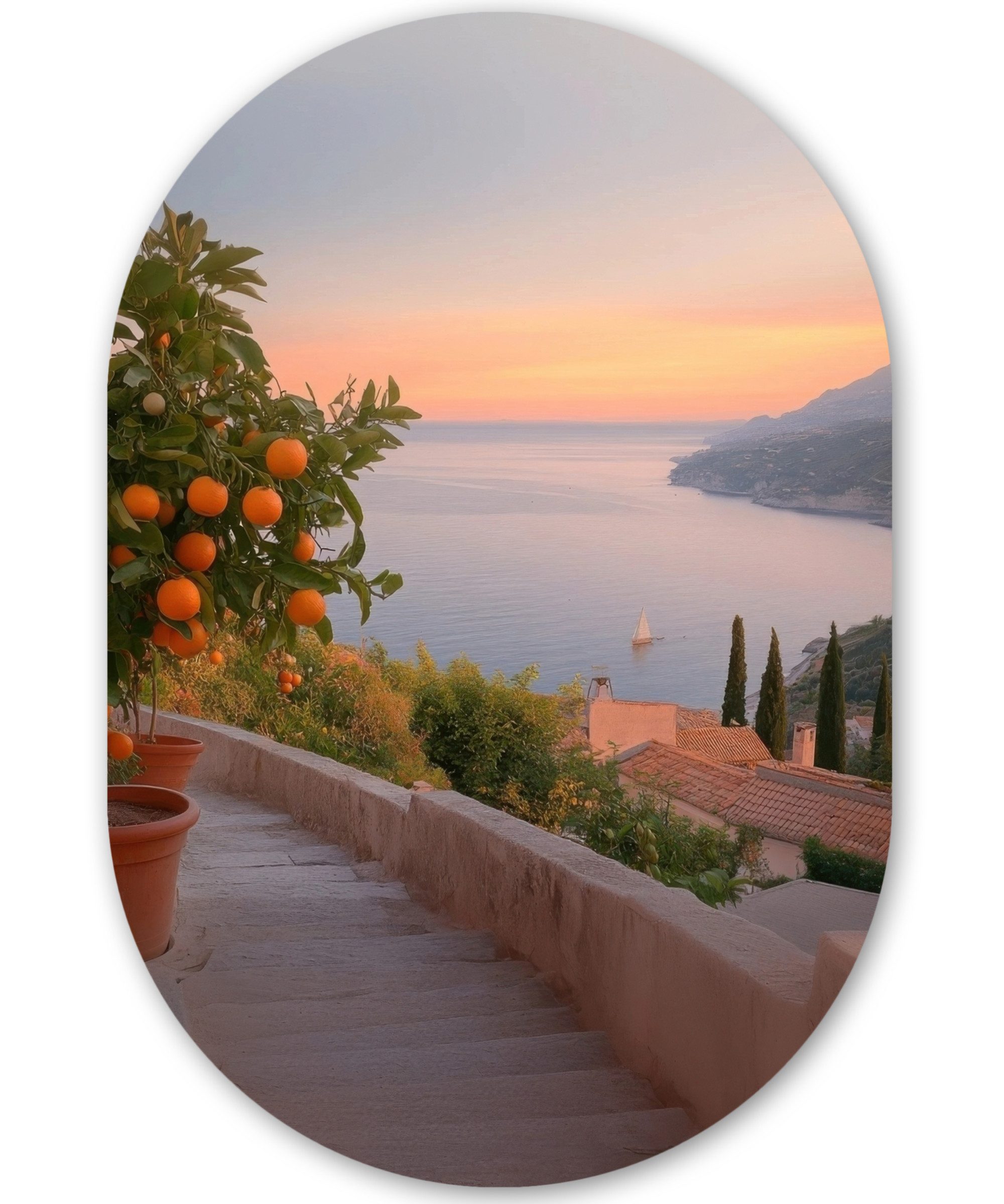 MuchoWow Gemälde Mittelmeer - Orange - Hügel - Meer, Fotodruck (1 St), Wandbild Oval, Wohnzimmer oder Schlafzimmer Wanddekoration, 40x60 cm