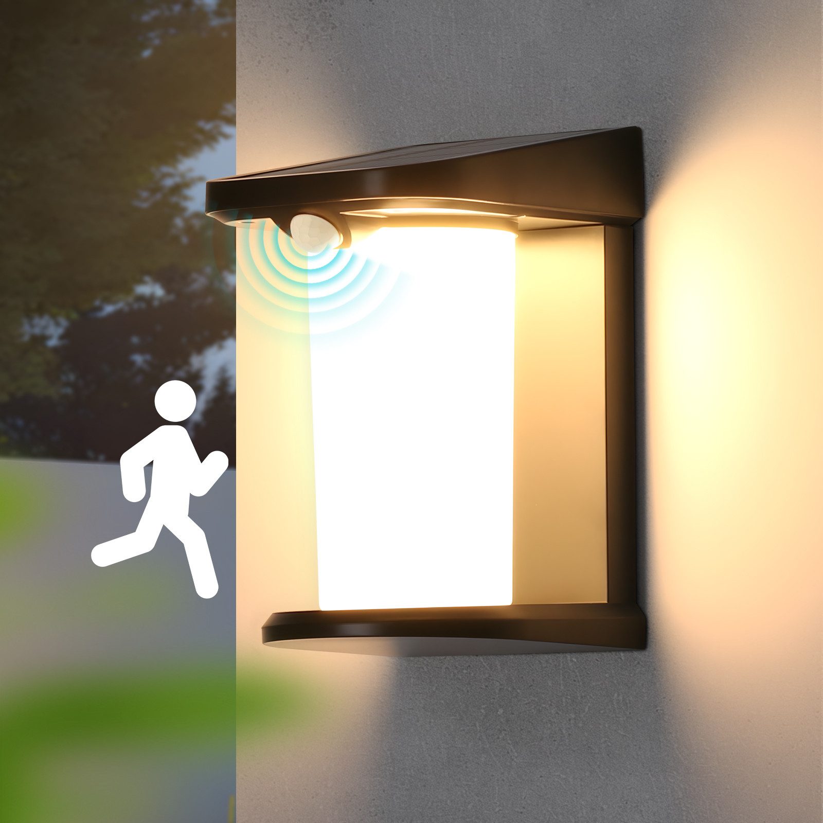 ZMH Außen-Wandleuchte 1/2 Wandlampe solar mit Bewegungsmelder 3000K Warmweiß für Außen, LED fest integriert, Warmweiß, 2 Modi Schwarz LED Solarlampen Außen mit Bewegungsmelder