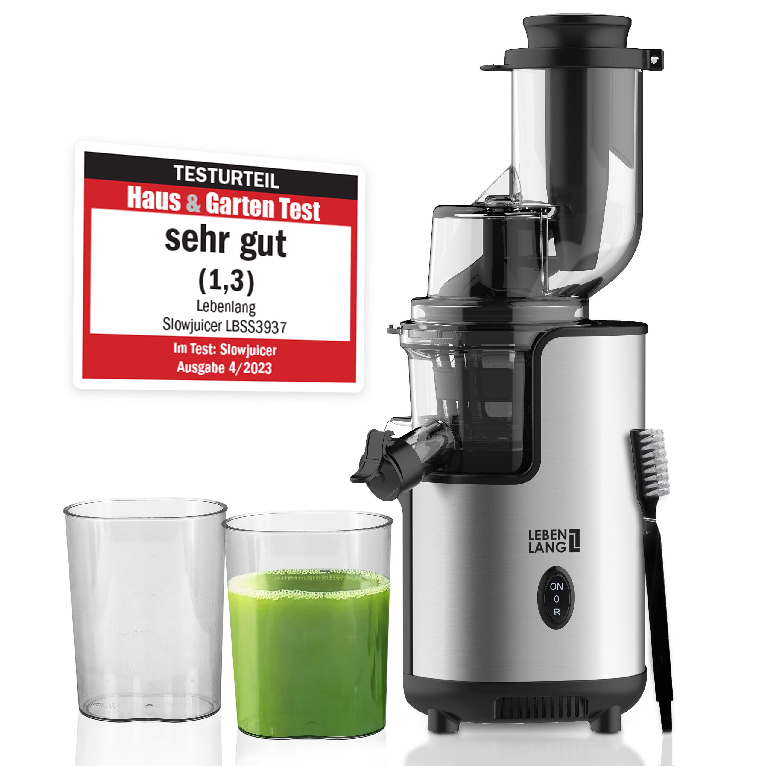 Lebenlang Slow Juicer LEBENLANG Entsafter Slow Juicer Edelstahl - Gemüse und Obst & BPA-Frei, 200,00 W, Kaltentsafttechnik, Mit Saftbehälter, Reinigungsbürste & Rezeptbuch