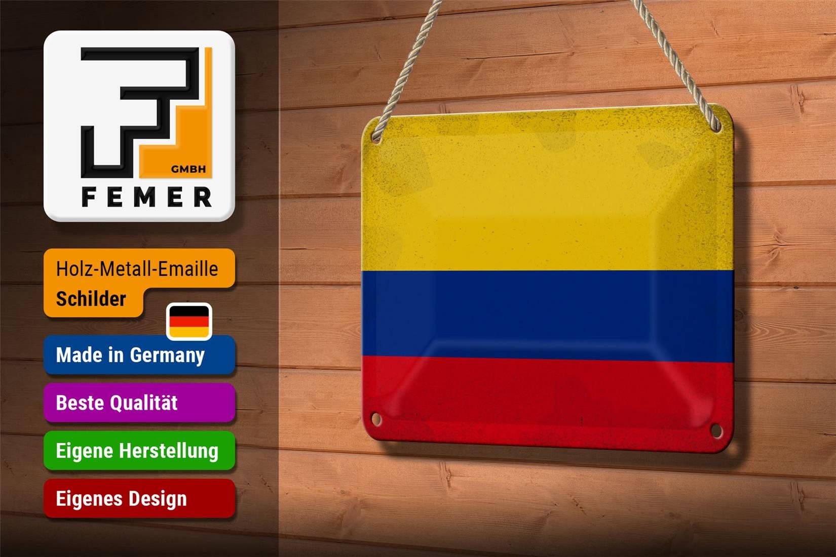 Femer GmbH Metallschild Flagge Kolumbien 18x12cm Flag Colombia Vintage, (1 St), gewölbte Oberfläche, abgerundete Ecken, umgeschlagene Kanten