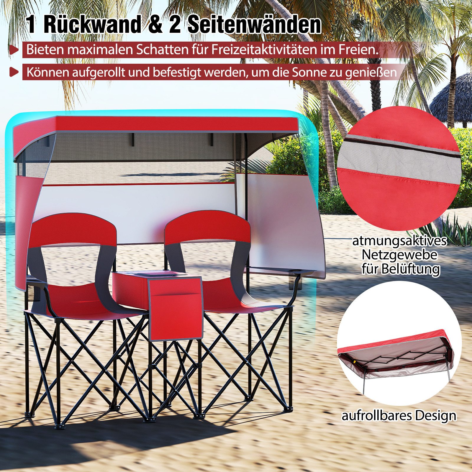 COSTWAY Campingstuhl, 2er Klappstuhl bis 150kg Angelstuhl mit Sonnenschutz