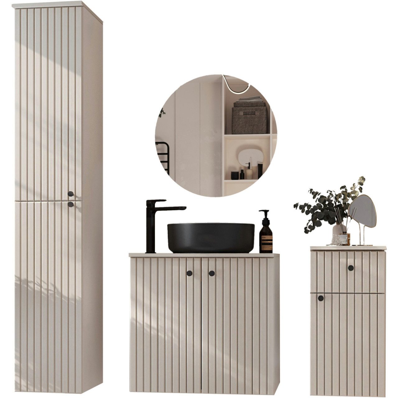 MOEBLINE Badezimmer-Set Badmöbel Set ASTRO kaschmir 4tlg. mit Spiegel LAMEL günstig online kaufen