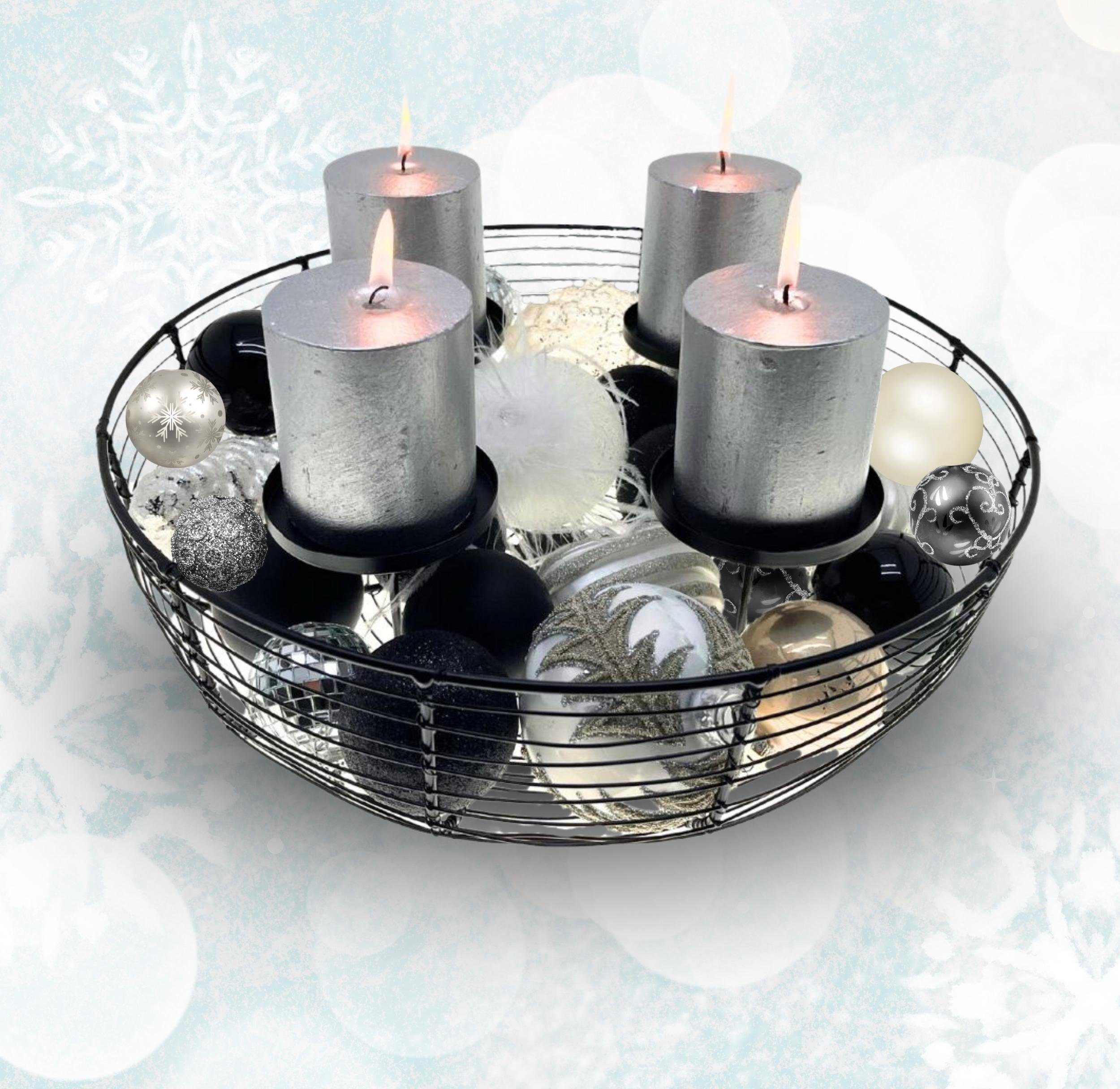 Bada Bing Adventskranz Metall Draht Adventskorb in schwarz Kerzenhalter zum dekorieren, mit Schale zum selber gestalten