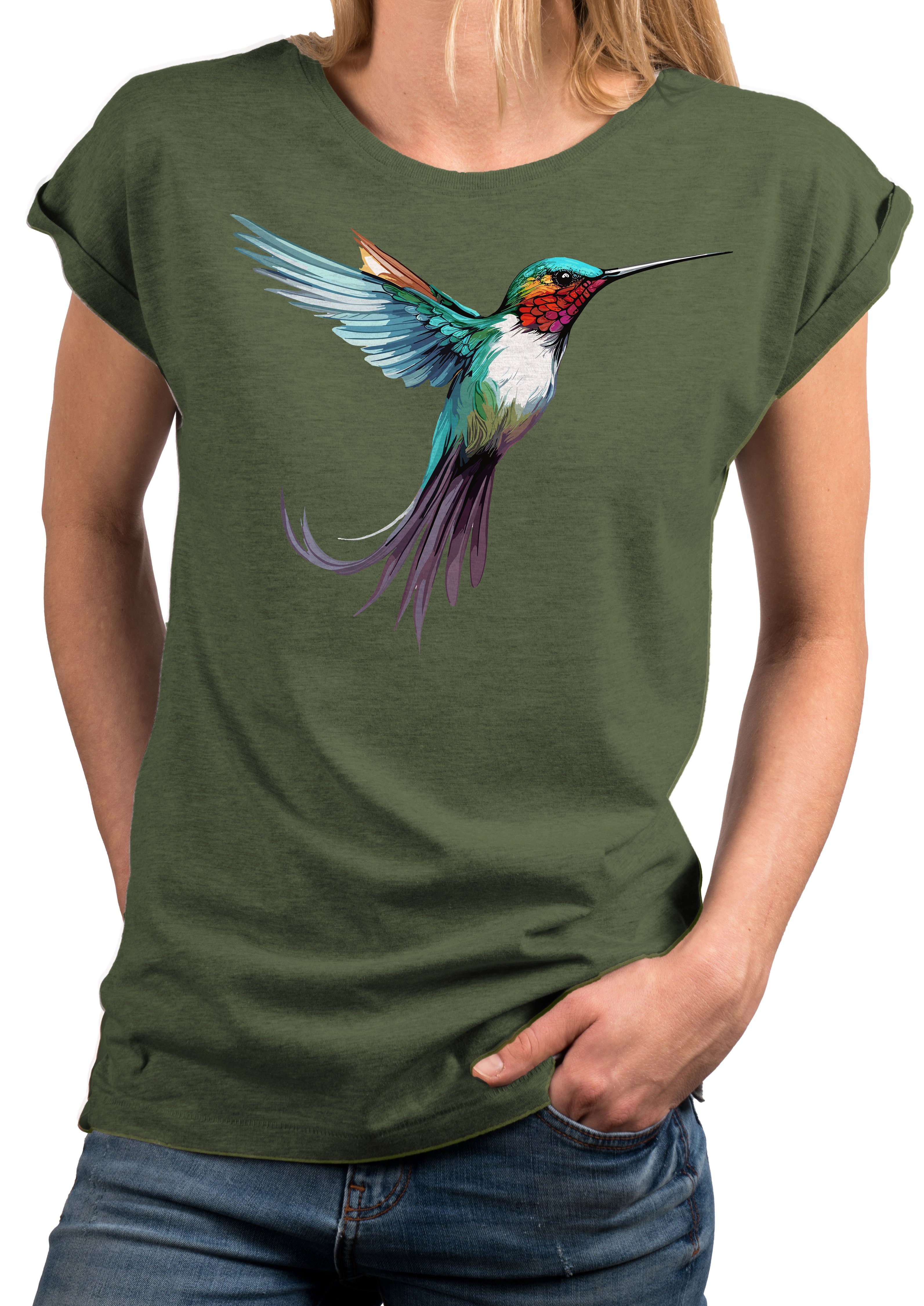 Oversize, Tunika große Grün Druck Kolibri Damen Größen Sommer Vogel Kurzarmshirt MAKAYA Top Motiv Print-Shirt