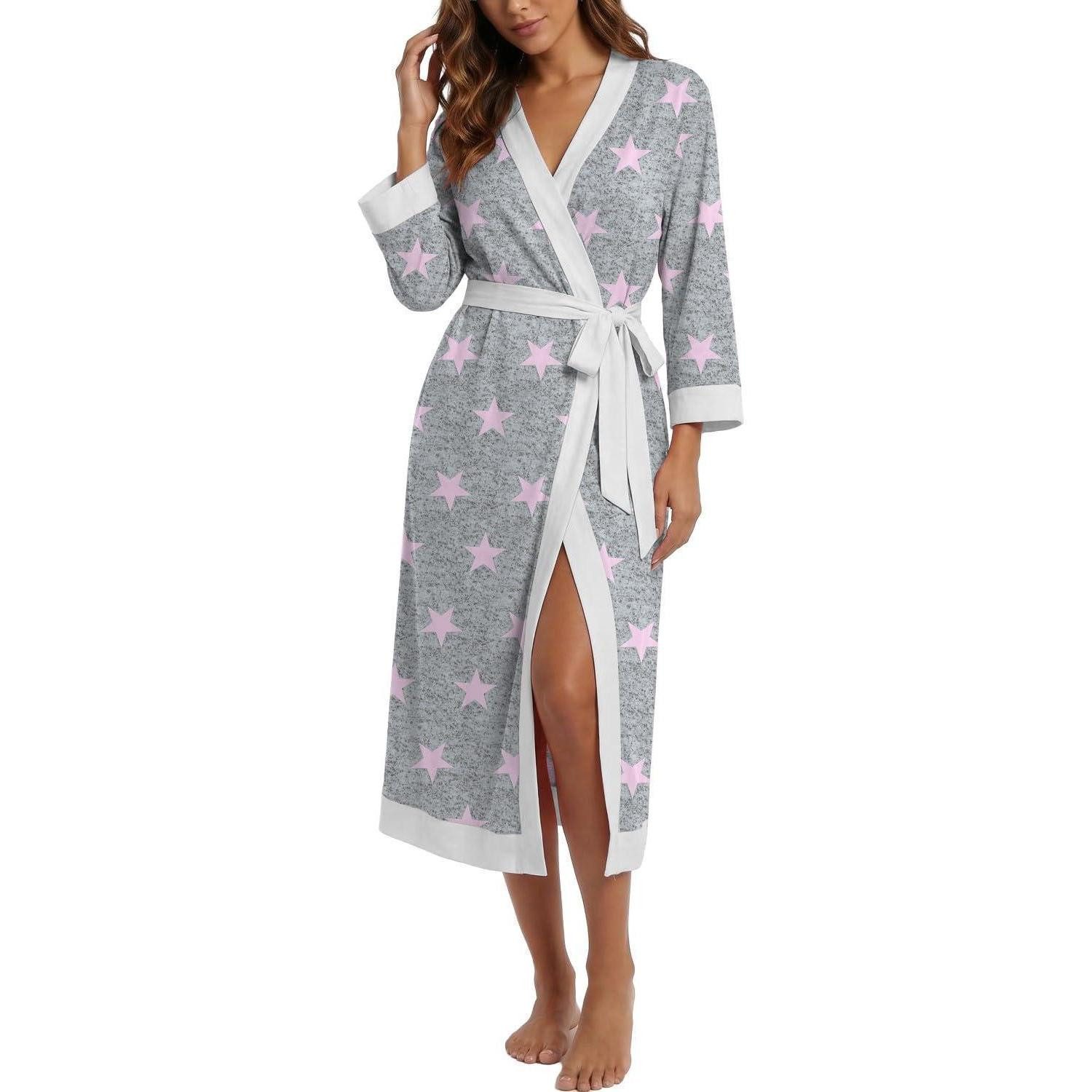LuxusKollektion Morgenmantel Bademantel Damen Rosa Stern 3/4 Ärmel, Textil, Bindegürtel