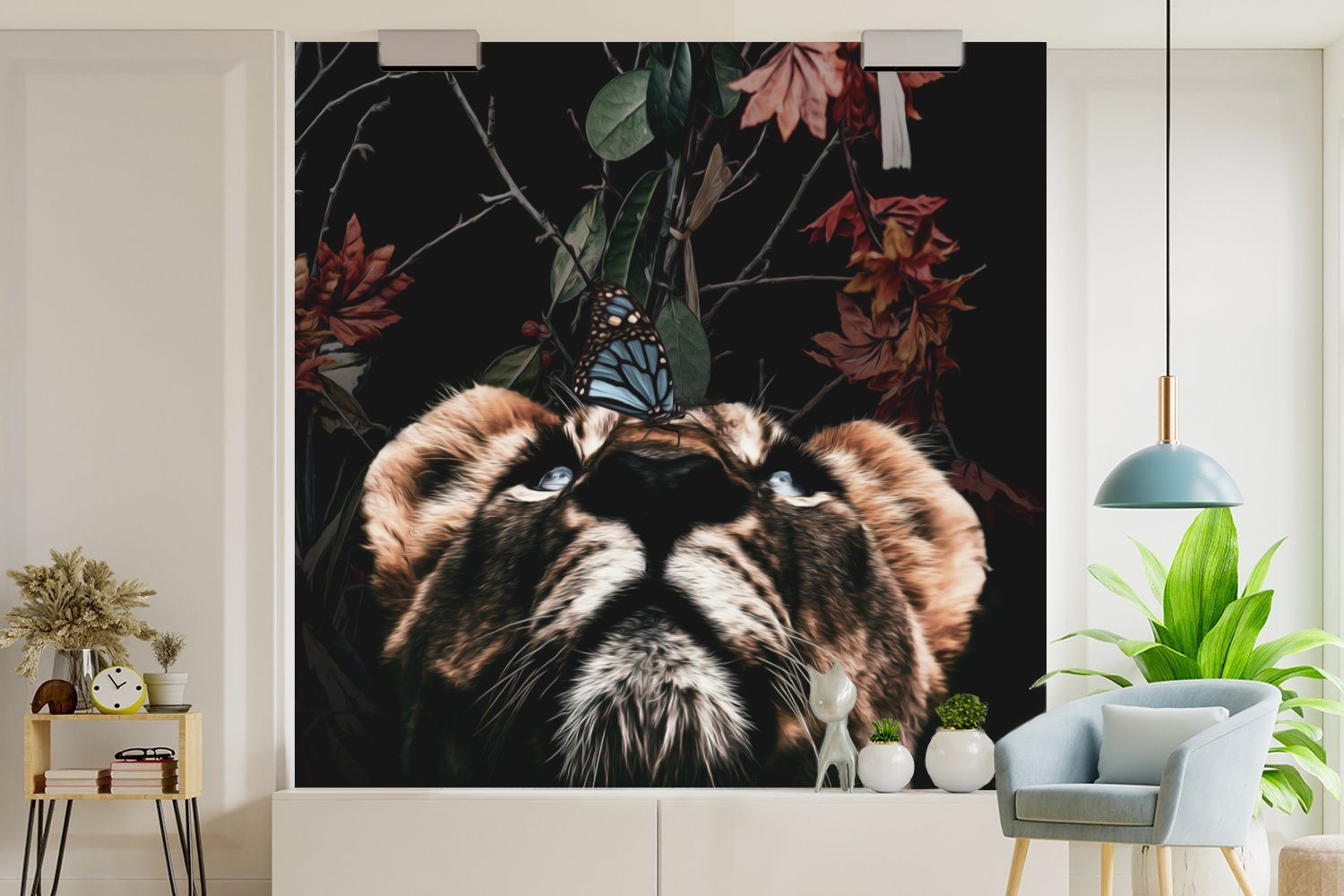 für Tapete Wohnzimmer MuchoWow Schmetterling, Matt, (5 St), - Wandtapete Vinyl Schlafzimmer, oder Blumen bedruckt, Tiger Fototapete -