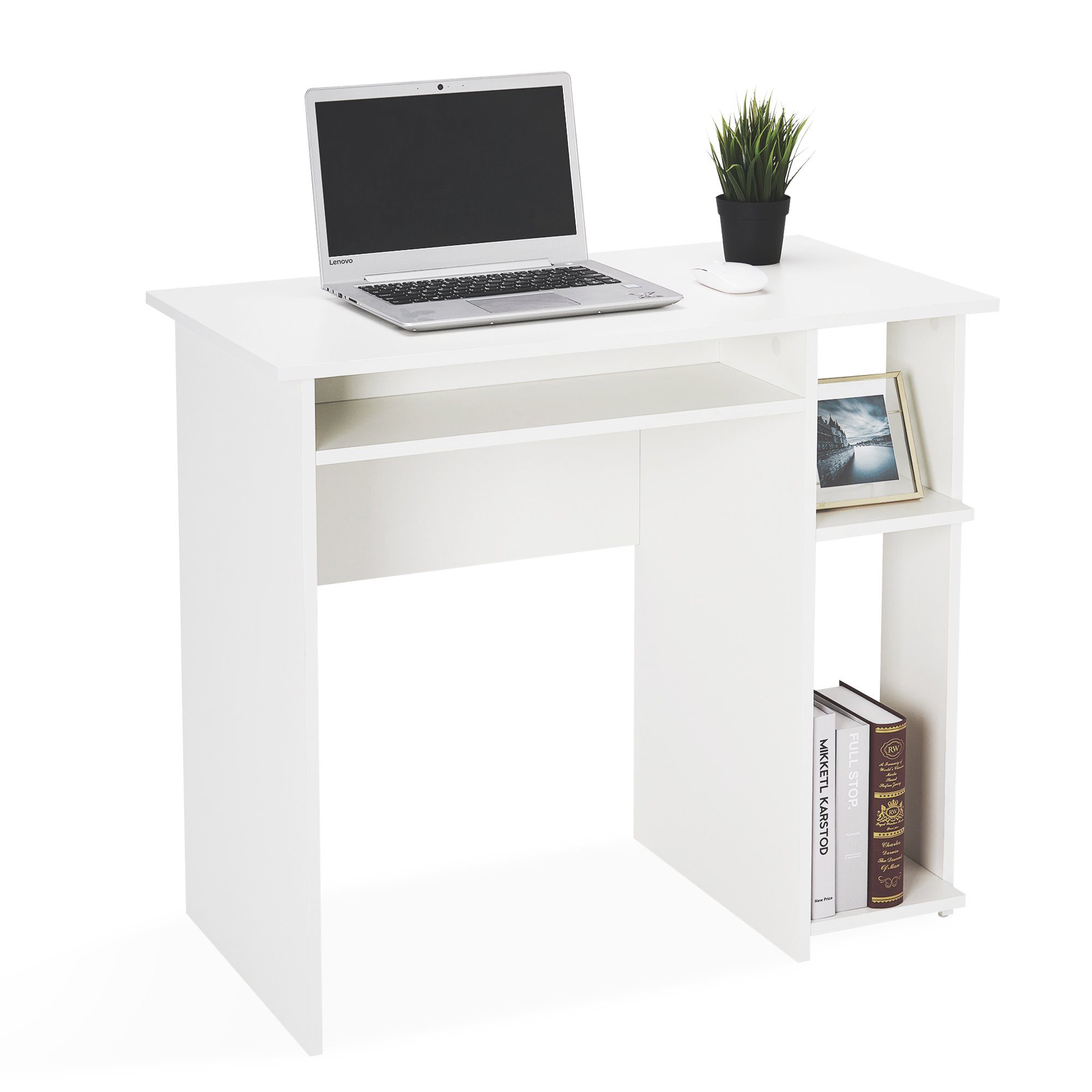 Meerveil Schreibtischstuhl Computertisch, Kabelführungsloch, Ablagefach Weiß und mit