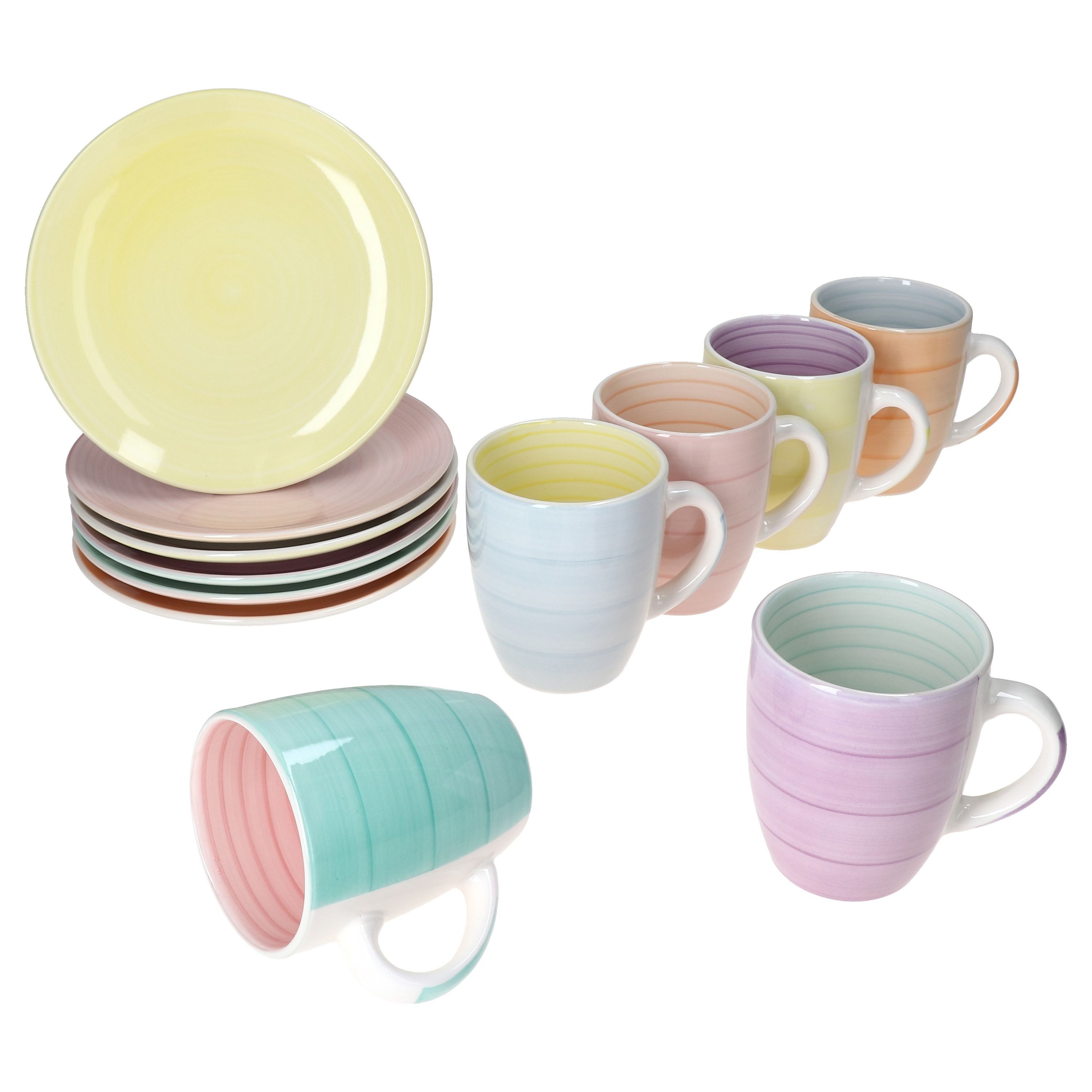 MamboCat Frühstücks-Geschirrset 12tlg Frühstücksset Pastello Steingut pastell-Farben Teller Becher, Steingut – Bild 2 von 4