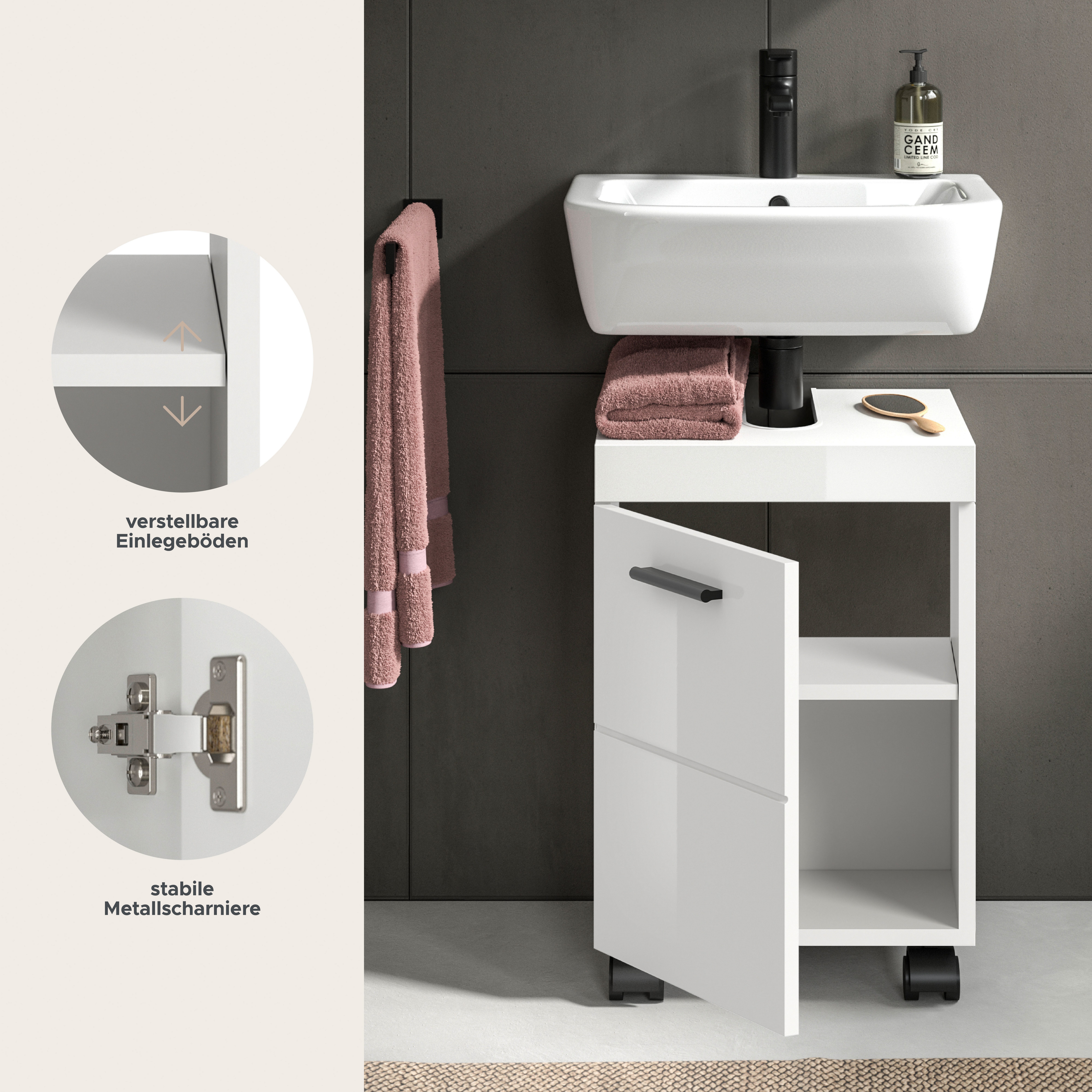 welltime Waschbeckenunterschrank AVON, Breite 40 cm, 1 Tür, 1 Einlegboden, 2 Fächer (mit Siphonausschnitt 22x8 cm, Rückwand mit Ausschitt) Badmöbel, Badschrank, – Bild 3 von 5