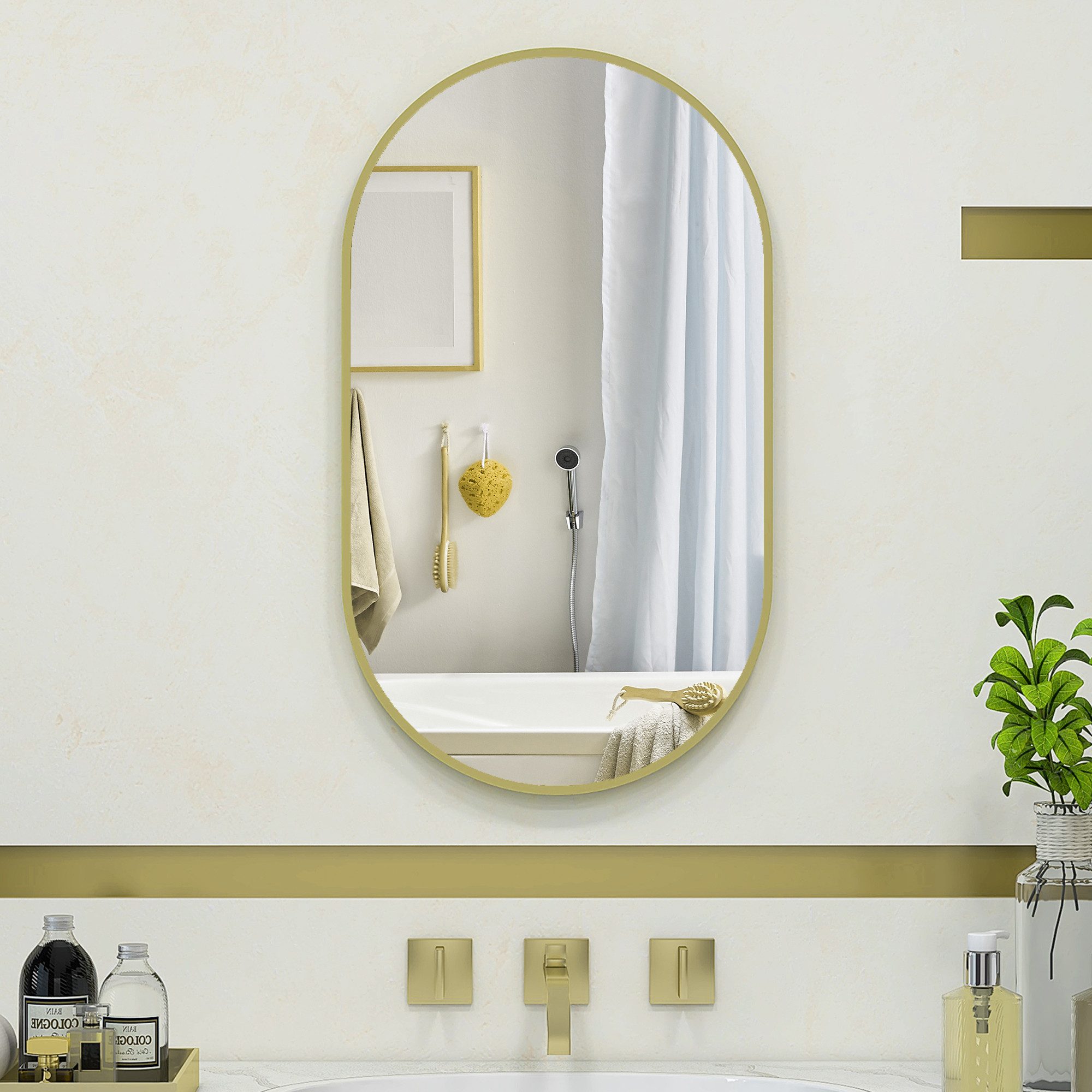 BAYMATE Badspiegel Ovaler Wandspiegel mit minimalistischem Aluminiumrahmen (zur vertikalen oder horizontalen Montage mit 3 Haken, 40 x 70 cm, goldfarben) – Bild 3 von 5
