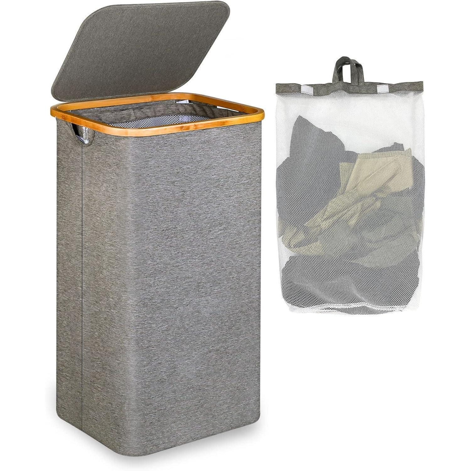 LuxusKollektion Wäschebox Wäschekorb mit Deckel Bambus Henkel faltbar grau 120 Liter