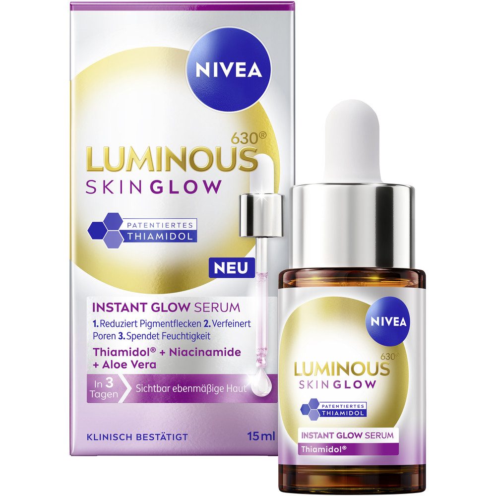 Nivea Gesichtsserum Instant Serum+ Expert Filler Hyaluron Replumping Serum + Tagespflege, 3-tlg., LUMINOUS630® Skin Glow