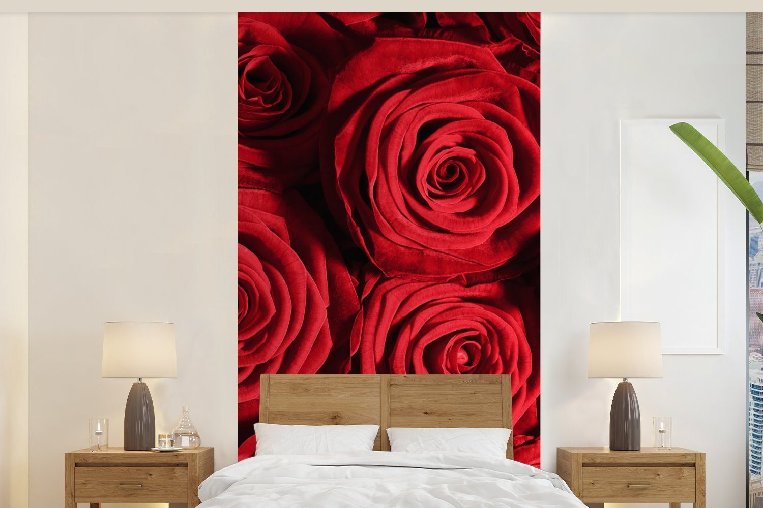 MuchoWow Fototapete Rosen - Rose - Rot, Matt, bedruckt, (2 St), Vliestapete für Wohnzimmer Schlafzimmer Küche, Fototapete