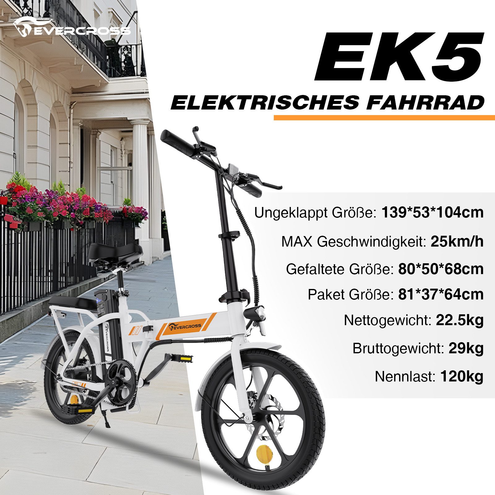 EVERCROSS TECH E-Bike EK5 Faltbares E-Fahrrad,Pedelec, 36V 13AH, Heckmotor, 468 Wh, Heckmotor, 15/20/25 KM/H, bis 35-60km, ebike Herren/Damen