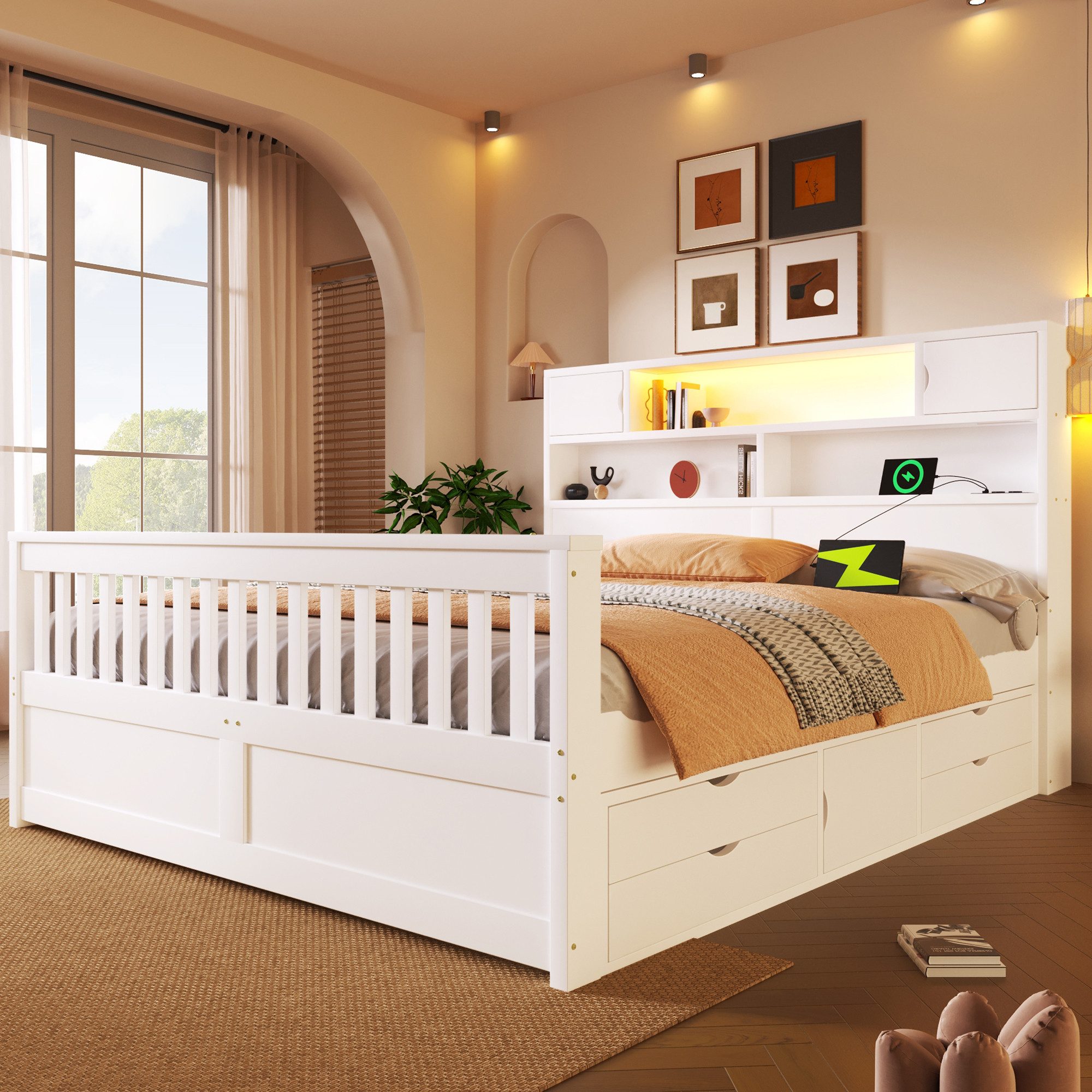 Merax Massivholzbett mit LED-Kopfteil & USB-Anschluss (Plattformbett Bettgestell Doppelbett aus Holz, 1-tlg), 160x200cm mit 4 Schubladen, Stauraumregalen, Büche – Bild 4 von 5