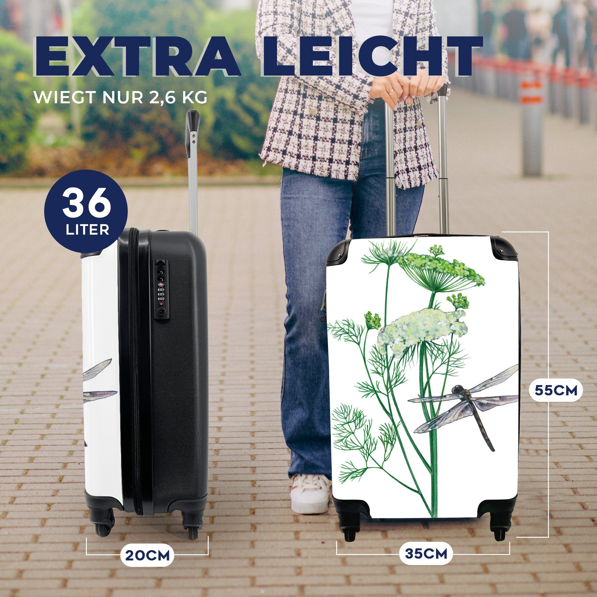 Pflanze, Libelle auf Ferien, MuchoWow Handgepäck einer für 4 Trolley, Reisetasche rollen, einer Reisekoffer Handgepäckkoffer Rollen, mit Illustration Eine
