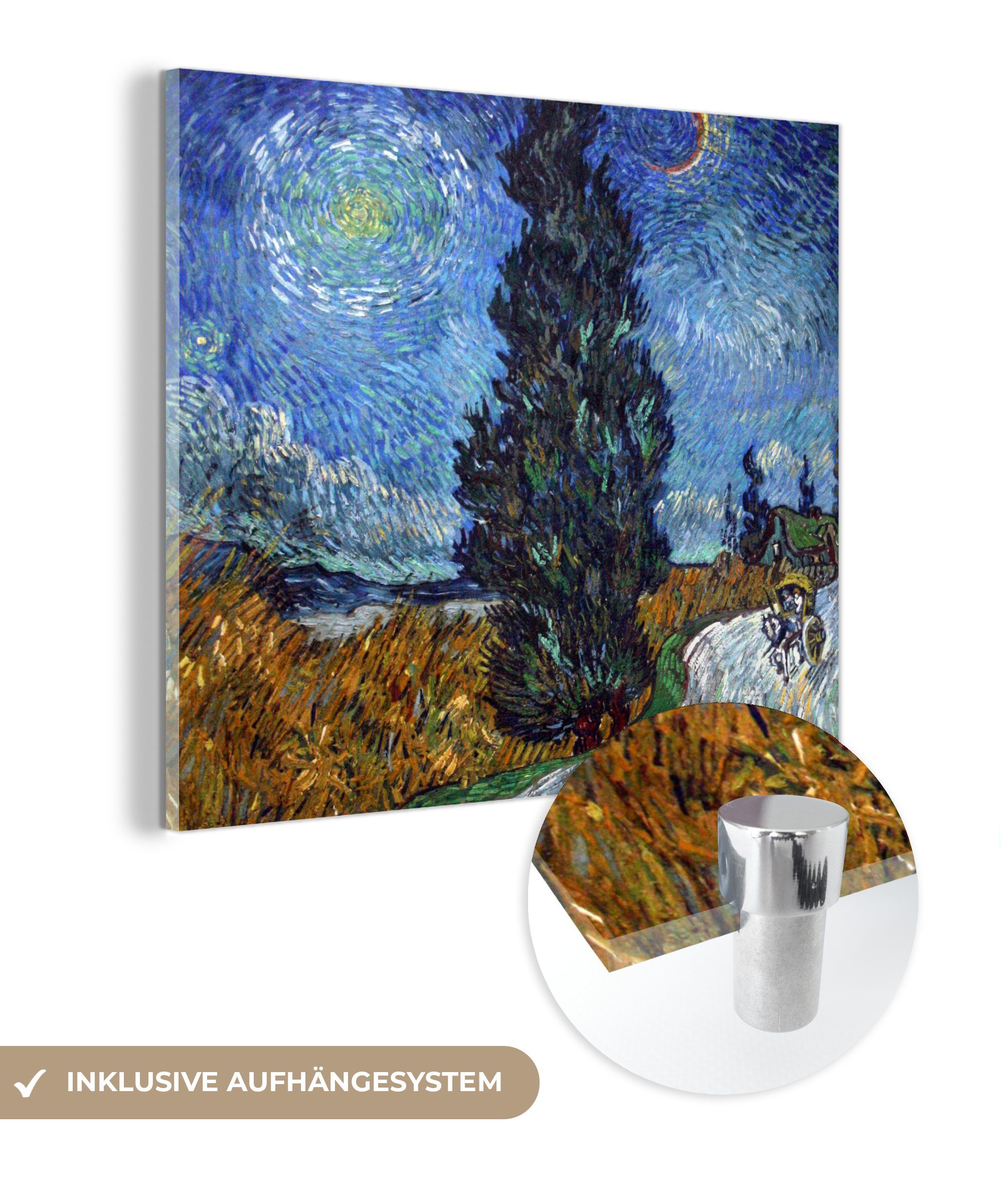 MuchoWow Acrylglasbild Straße mit Zypresse und Stern - Gemälde von Vincent van Gogh, (1 St), Glasbilder - Bilder auf Glas Wandbild - Foto auf Glas - Wanddekoration