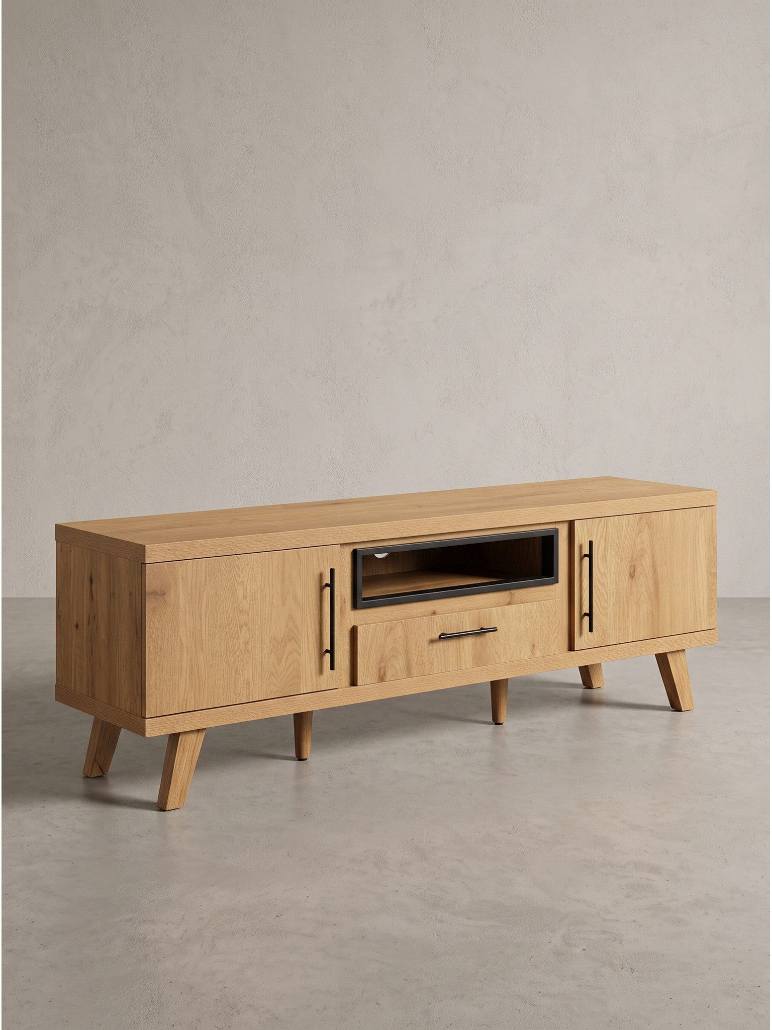 KADIMA DESIGN Lowboard Lowboard BASSANO - Eichenoptik, 150x40x52 cm, Skandinavisch, Ablagen (TV-Board, Fernsehschrank, Fernsehtisch, TV-Kommode, Medienmöbel), 1 Schublade, 2 Türen