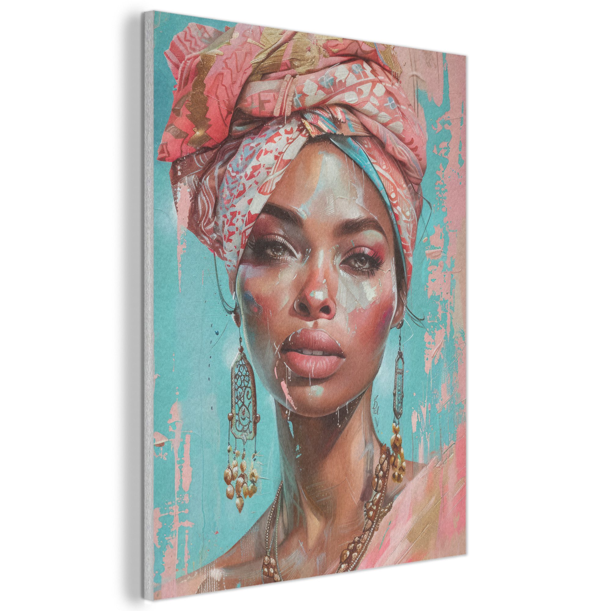 MuchoWow Gemälde Frau - Porträt - Blau - Rosa - Modern, Fotodruck (1 St), Akustikpaneele, Wandpaneele, Schalldämmung, Akustikbilder 30x40 cm