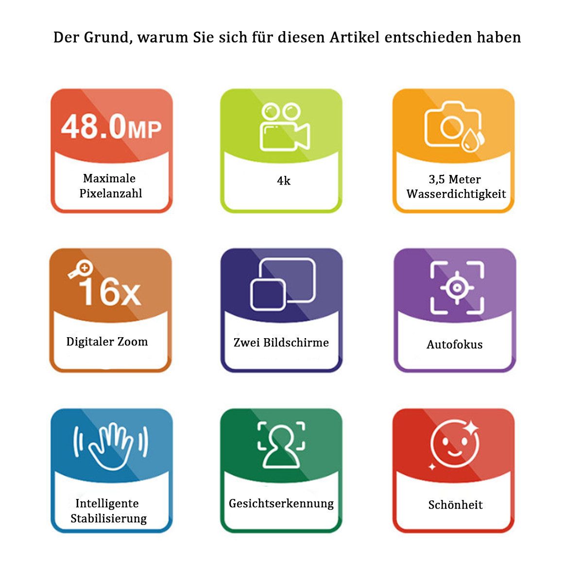 KINSI Sportkamera, Wasserdichte Digitalkamera, Dual-Display, Full HD Outdoor-Kamera (48 MP, 16-facher Digitalzoom mit Autofokus,für Outdooraktivitäten und Tauchen)