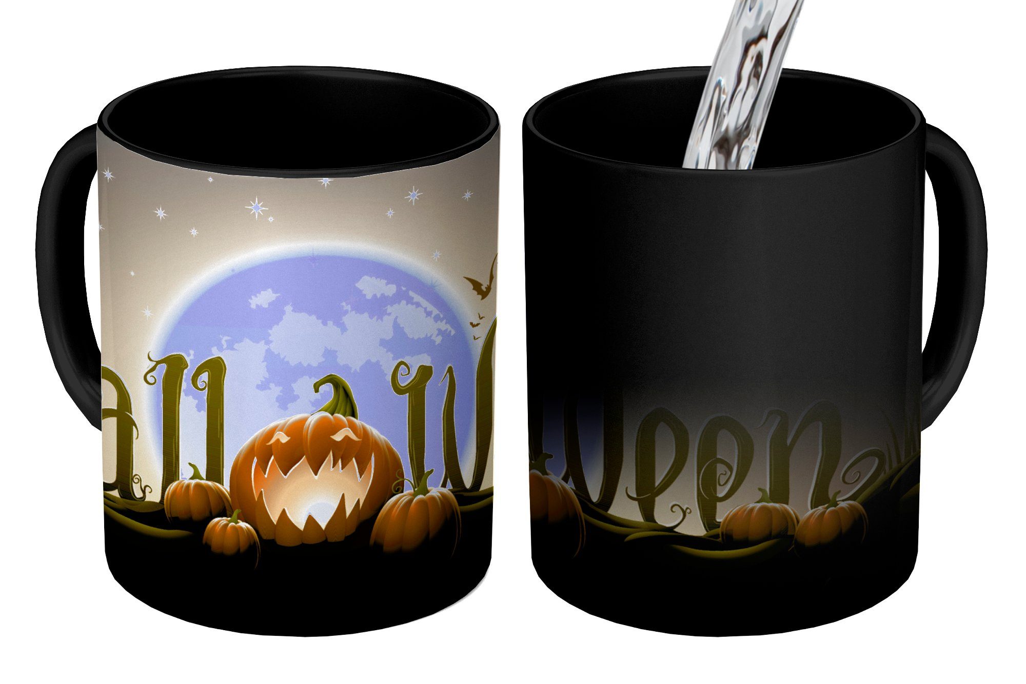 MuchoWow Tasse Die Buchstaben von Halloween beleuchtet durch den Vollmond in einer, Keramik, Farbwechsel, Kaffeetassen, Teetasse, Zaubertasse, Geschenk