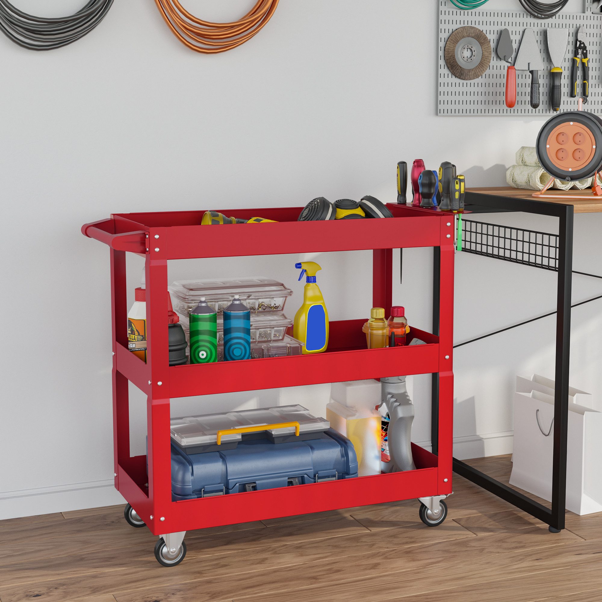 Durhand Werkzeugwagen 3-stöckiger Werkzeugkarre mit Rädern, 4 Rollen, max. Traglast:150 kg, 0-tlg. Werkzeugset, (robuster Universalwagen, 1-tlg., mobiler Servicewagen aus Stahl), für Garage, Rot