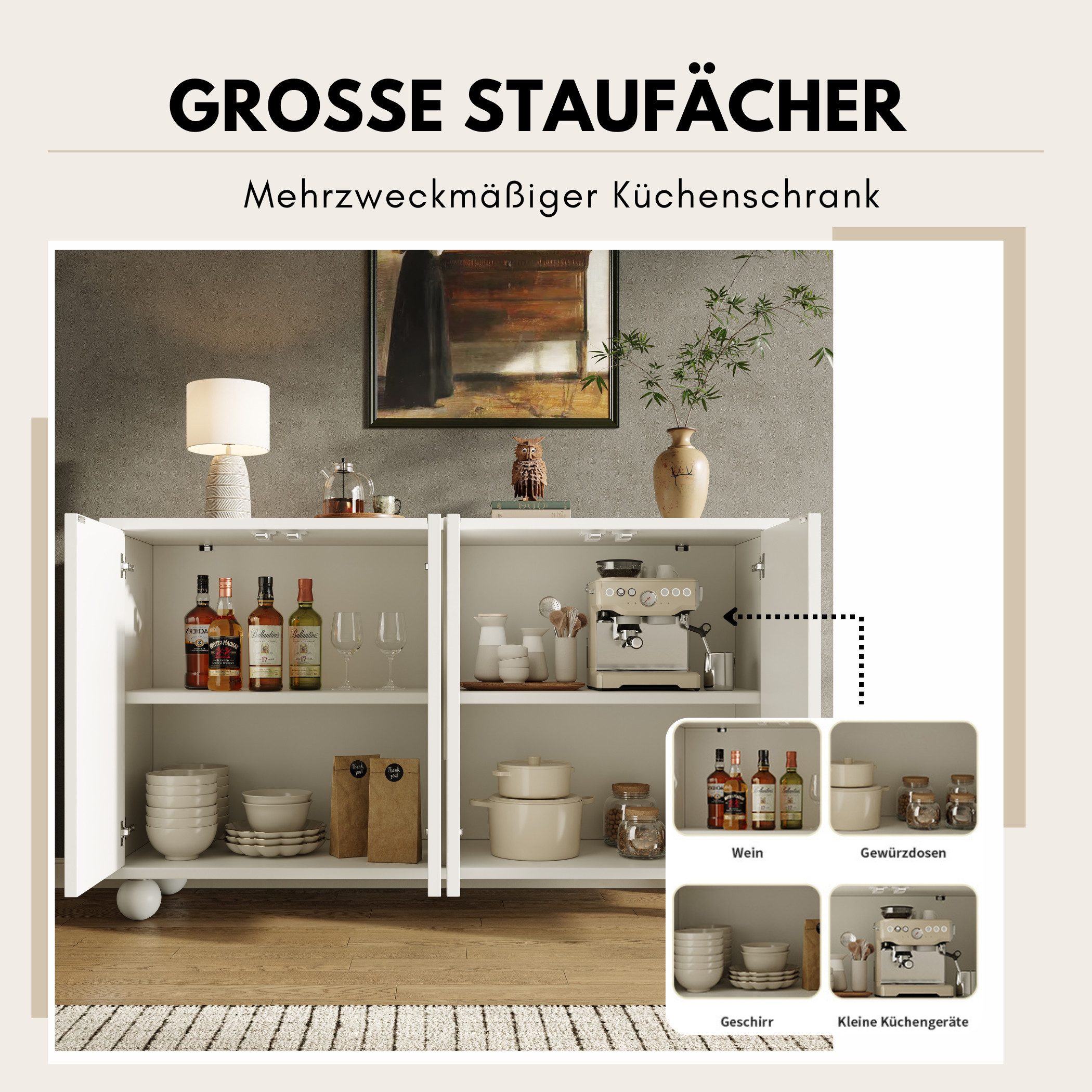 SeedWave Sideboard Allzweckschrank Grifflose Kommode Stauschrank mit Bogenförmigem Design, Verstellbare Einlegenböden, Rückprallstellsetzung, Kugelfüßen