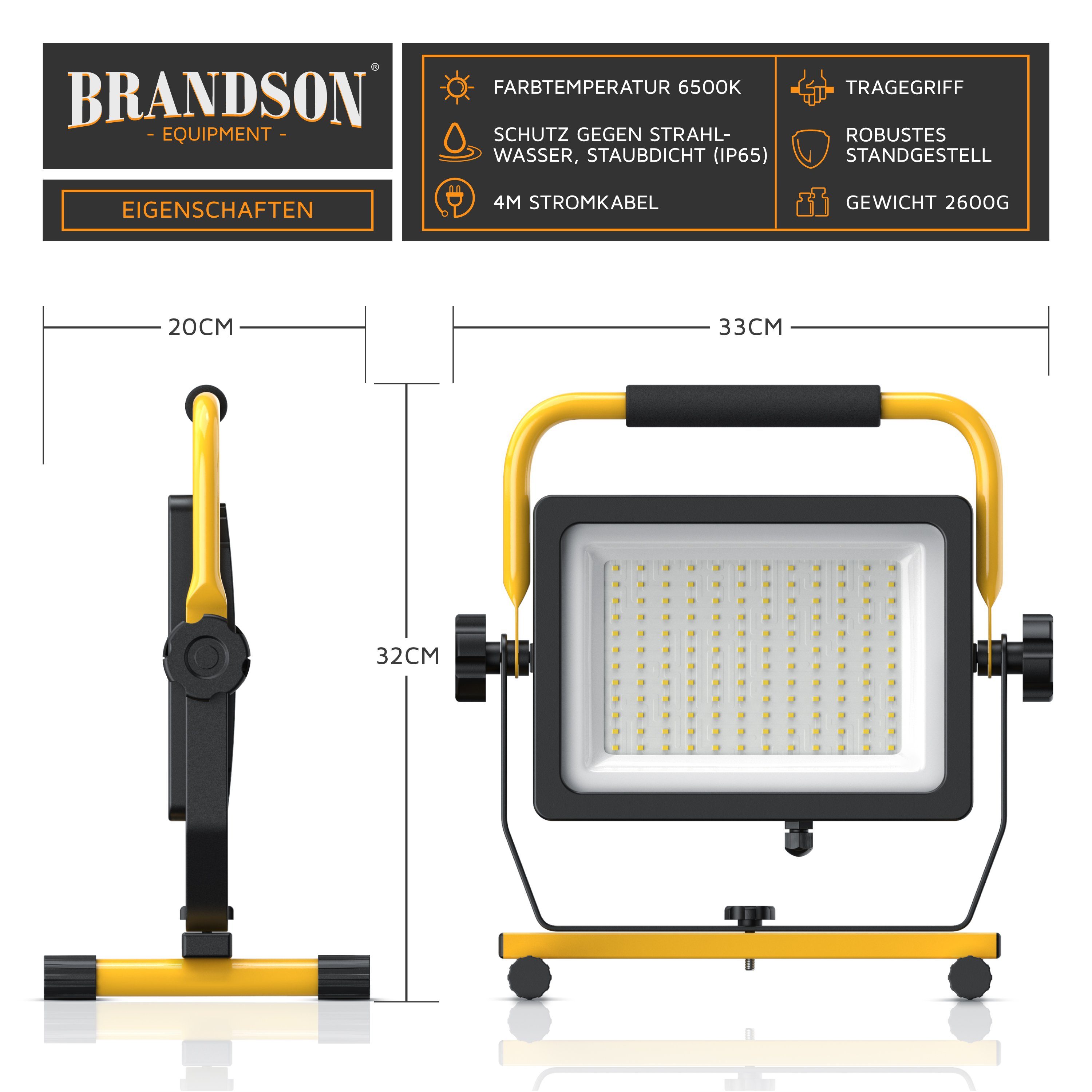 Brandson Baustrahler, LED fest integriert, mit 144 Tageslichtweiß, 100W SMD Bauscheinwerfer LED Arbeitsleuchte LEDs