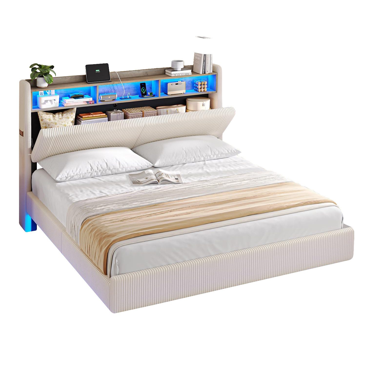 MSMASK Polsterbett Schwebebett mit 270°-LED-Beleuchtung, USB & Type-C Ladestation (Ohne Matratze), Doppelbett mit Stauraum-Kopfteil 160x200 cm – Bild 3 von 5