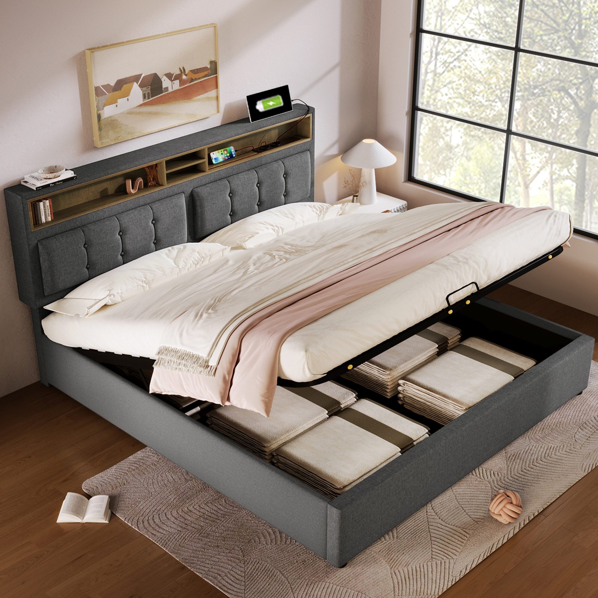 Polsterbett 160x200 Bett Jugendbett mit Stauraum,Bettgestell mit USB C Steckdose