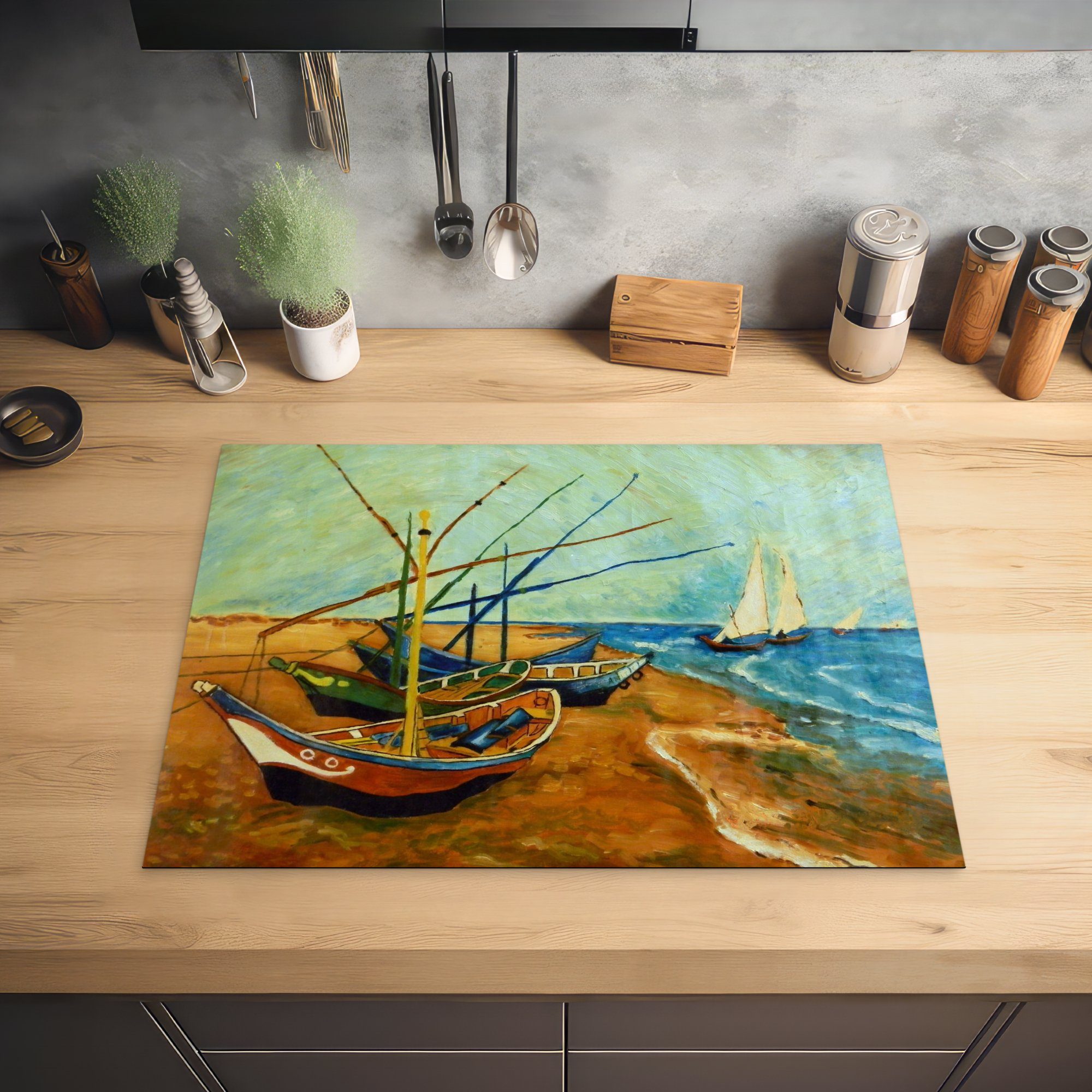 küche, Strand van Vinyl, am Gogh, (1 tlg), Vincent Induktionskochfeld für MuchoWow Schutz Fischerboote Ceranfeldabdeckung cm, Herdblende-/Abdeckplatte 71x52 - die