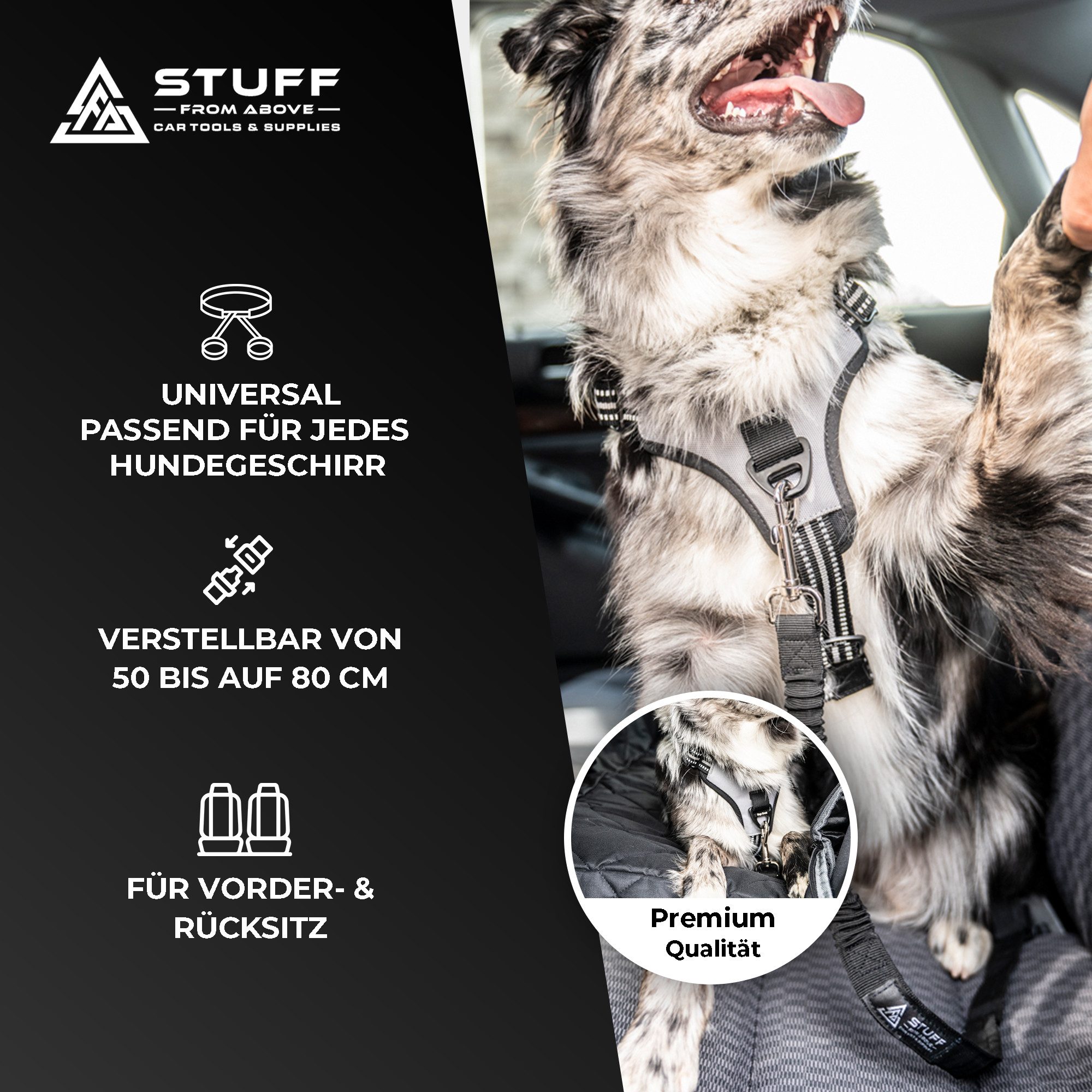 stuff from above Autohundegeschirr Hunde-Sicherheitsgurt für Auto längenverstellbar 50-80cm, Hundegurt mit Rückdämpfung - Universal Hunde-Autogurt