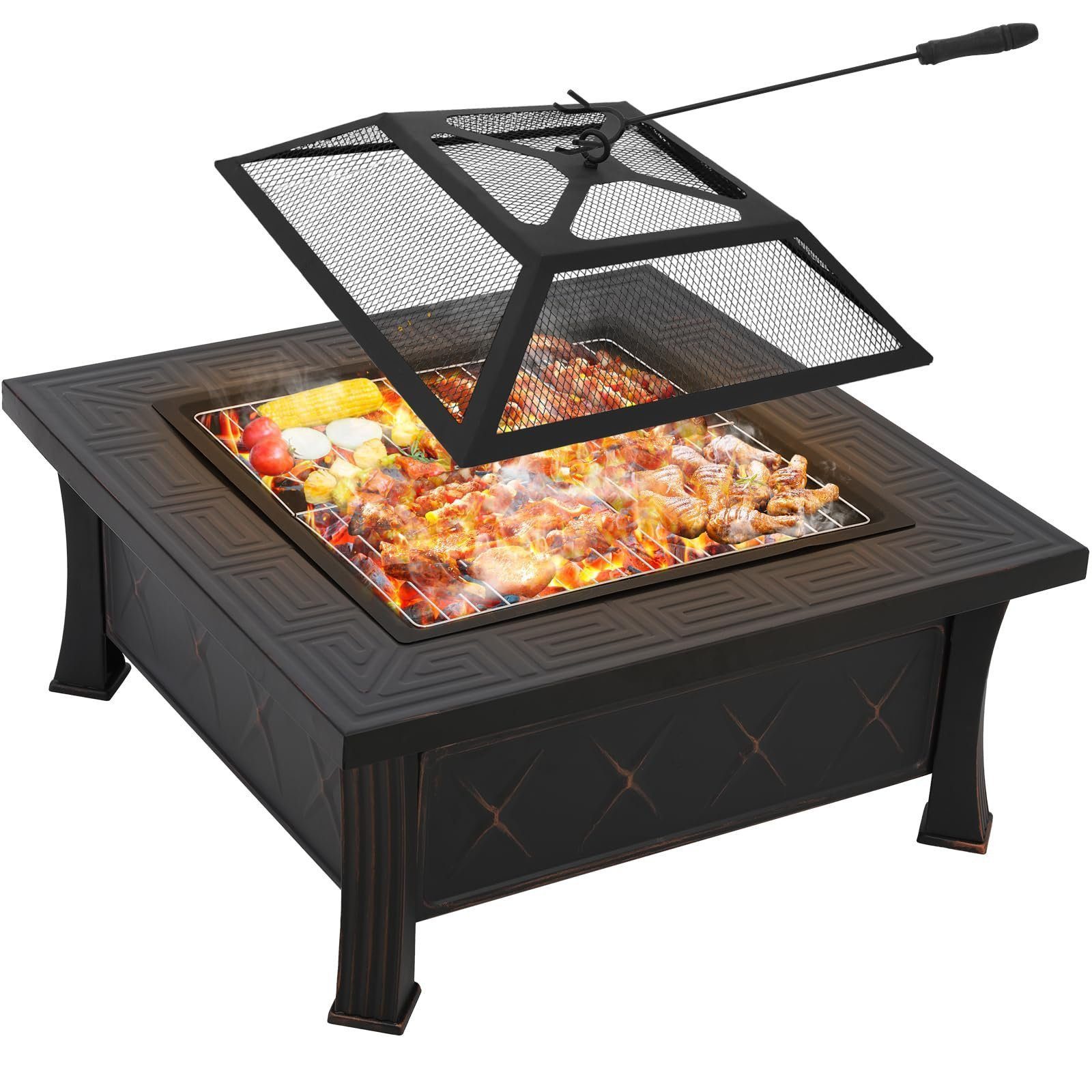 TLGREEN Feuerschale, 81x81 cm Feuerkorb mit Grillrost, Heizung & Grillen