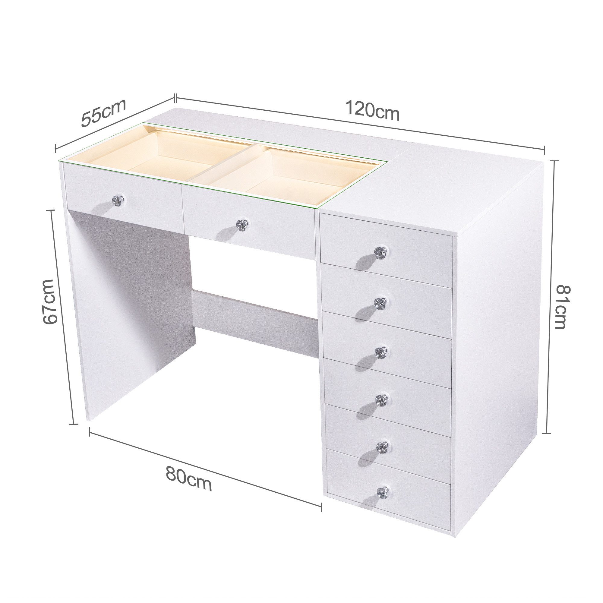 FENCHILIN Schminktisch mit 8 Schubladen und dimmbarem LED-Spiegel, 10-facher Lupe, Kosmetiktisch mit Glasplatte 120 x 55 x 81 cm – Bild 3 von 5