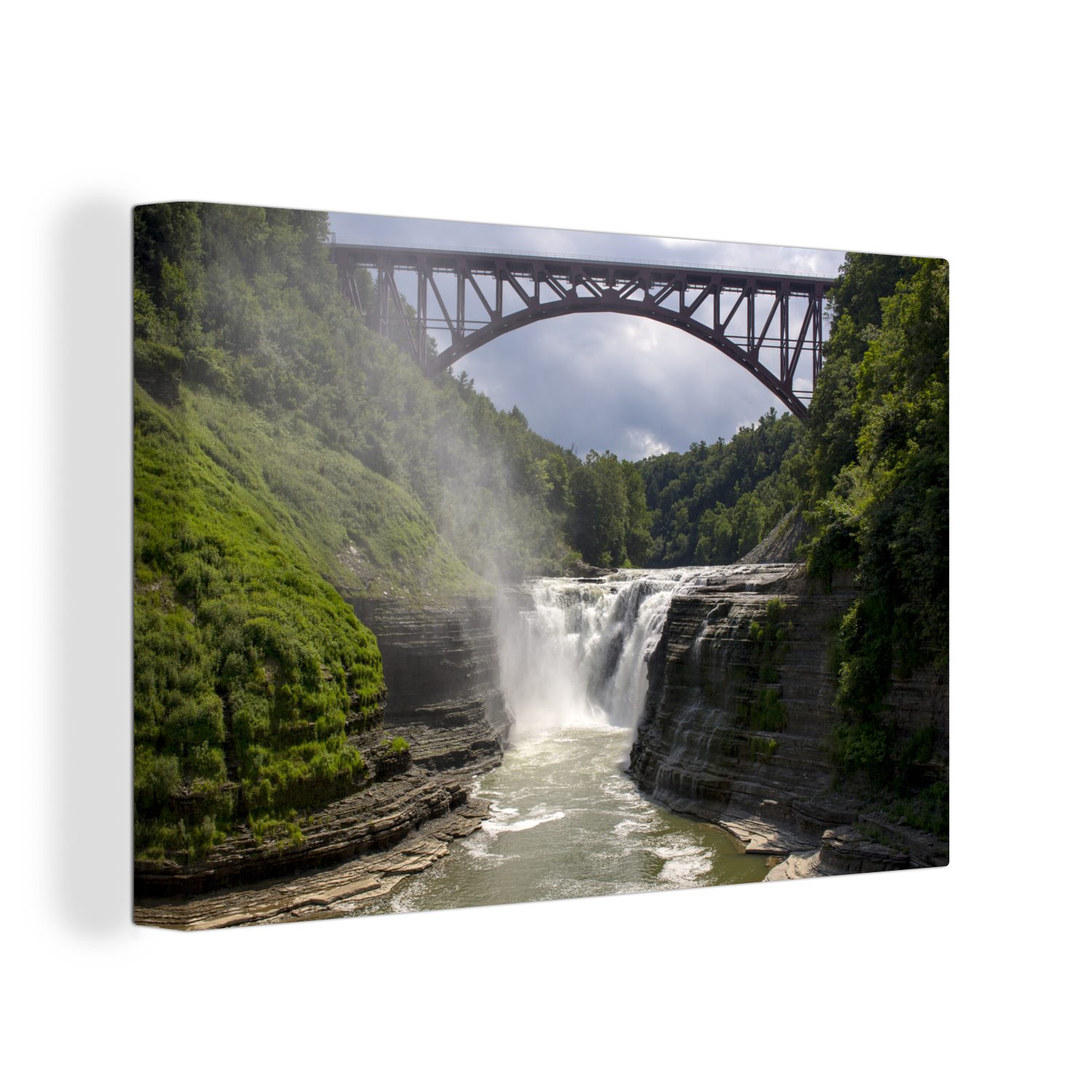 cm Wanddeko, Leinwandbilder, Leinwandbild Aufhängefertig, (1 OneMillionCanvasses® St), 30x20 - Wandbild Amerika Brücke, Wasserfall -